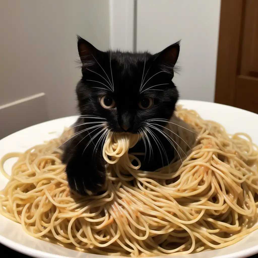 Adorable Cat Playfully Entangled in Spaghetti Noodles Cute and Funny Pet Moment