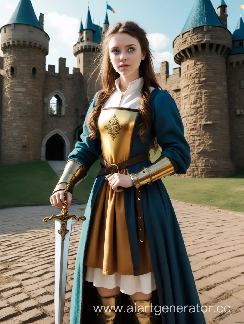 Medieval-Swordswoman-in-Brown-and-Gold-Attire-at-Castle-Training-Grounds