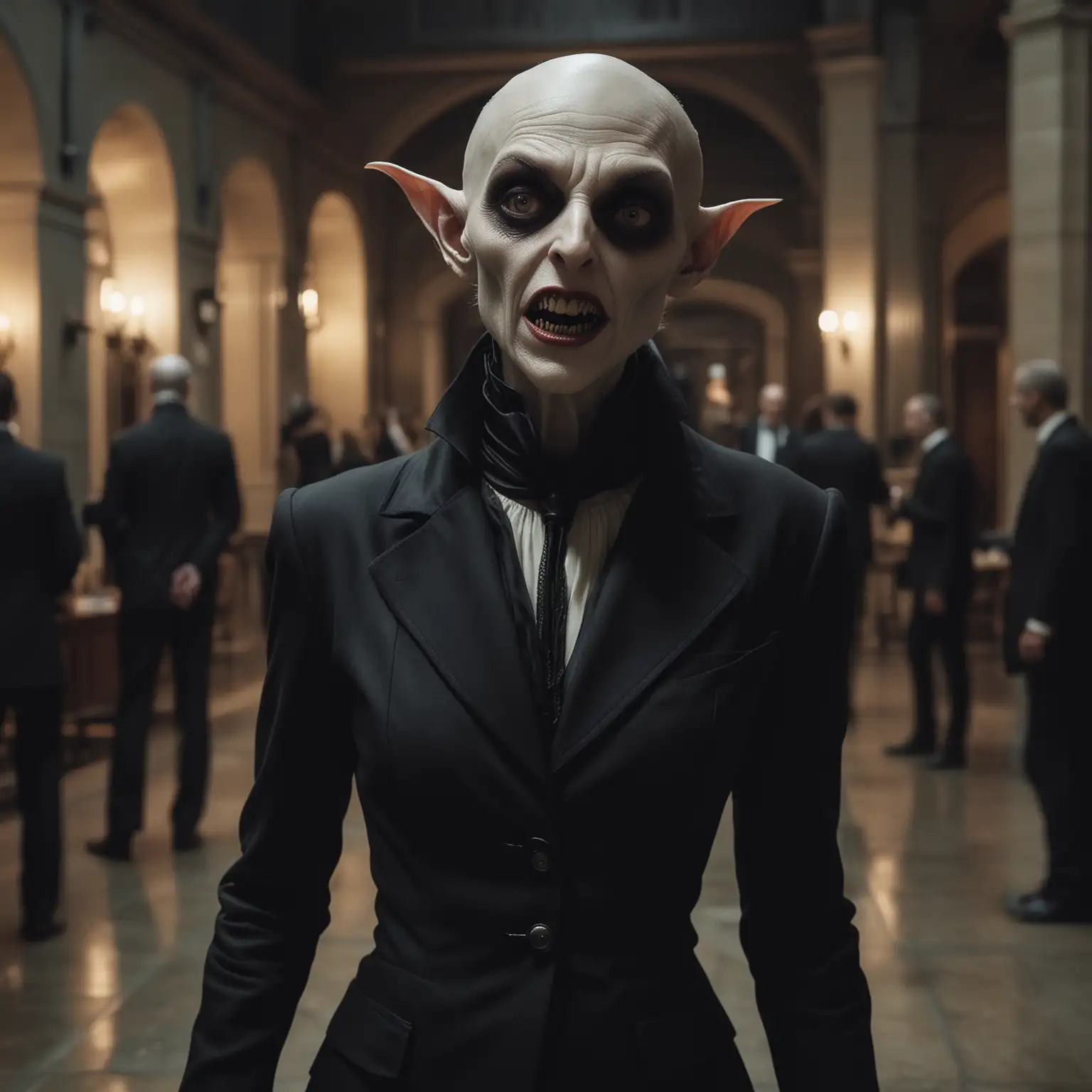 A female Nosferatu, wearing a suit, bestial features, hideous, sharp teeth, talking to a few other vampires, inside in a lobby at night, realistic