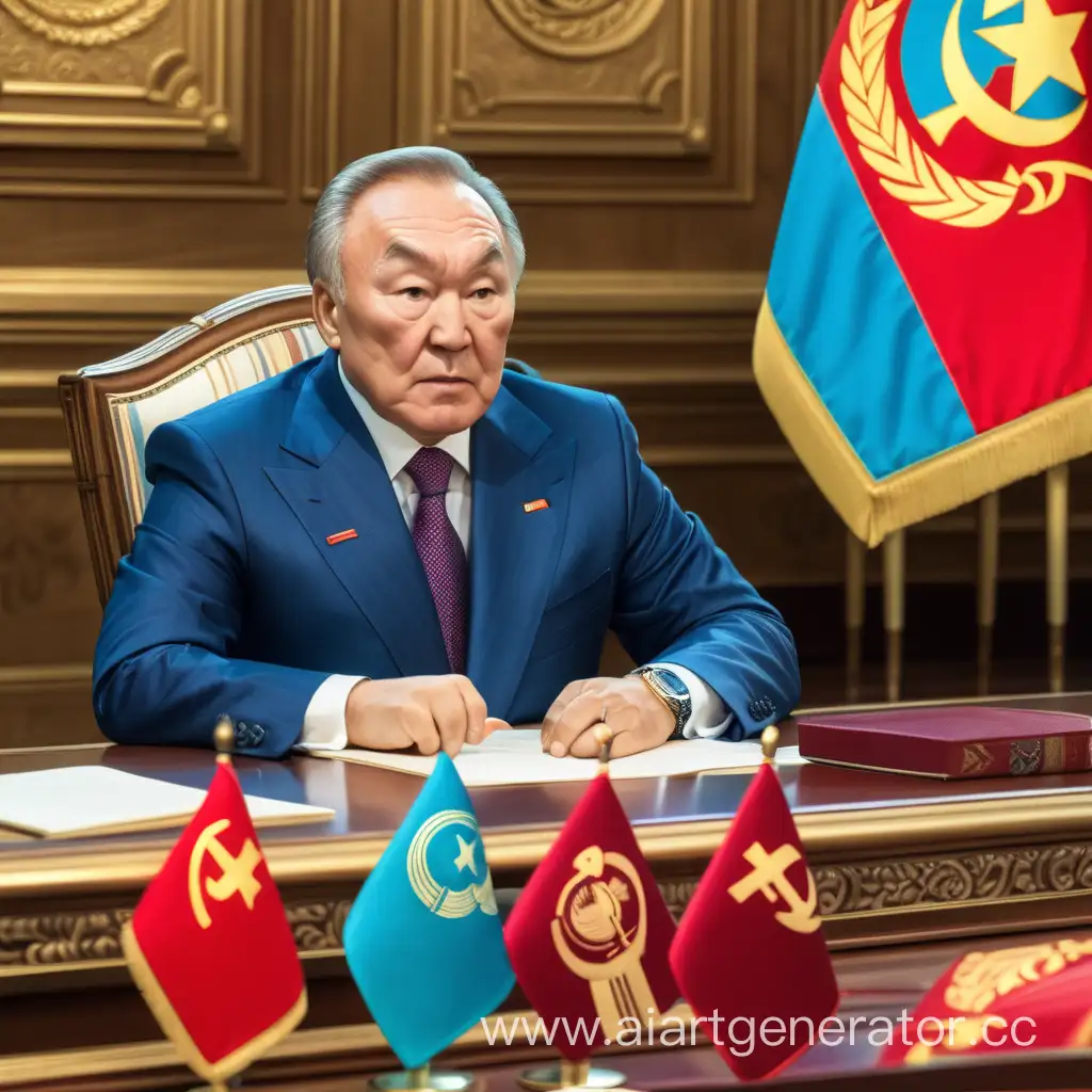 Нурсултан Назарбаев за столом, сзади него флаг СССР