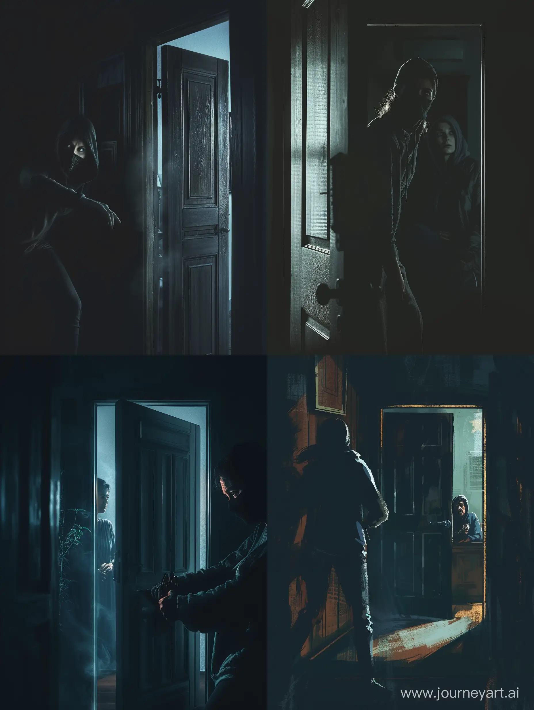 A mysterious thief enters the house of a woman. The thief enters the house with a black mask and apparently searching for something. The woman hides in fear and worry behind a door and somehow attempts not to patch a thief. The dark room, with only a silent light, highlights this scene.
