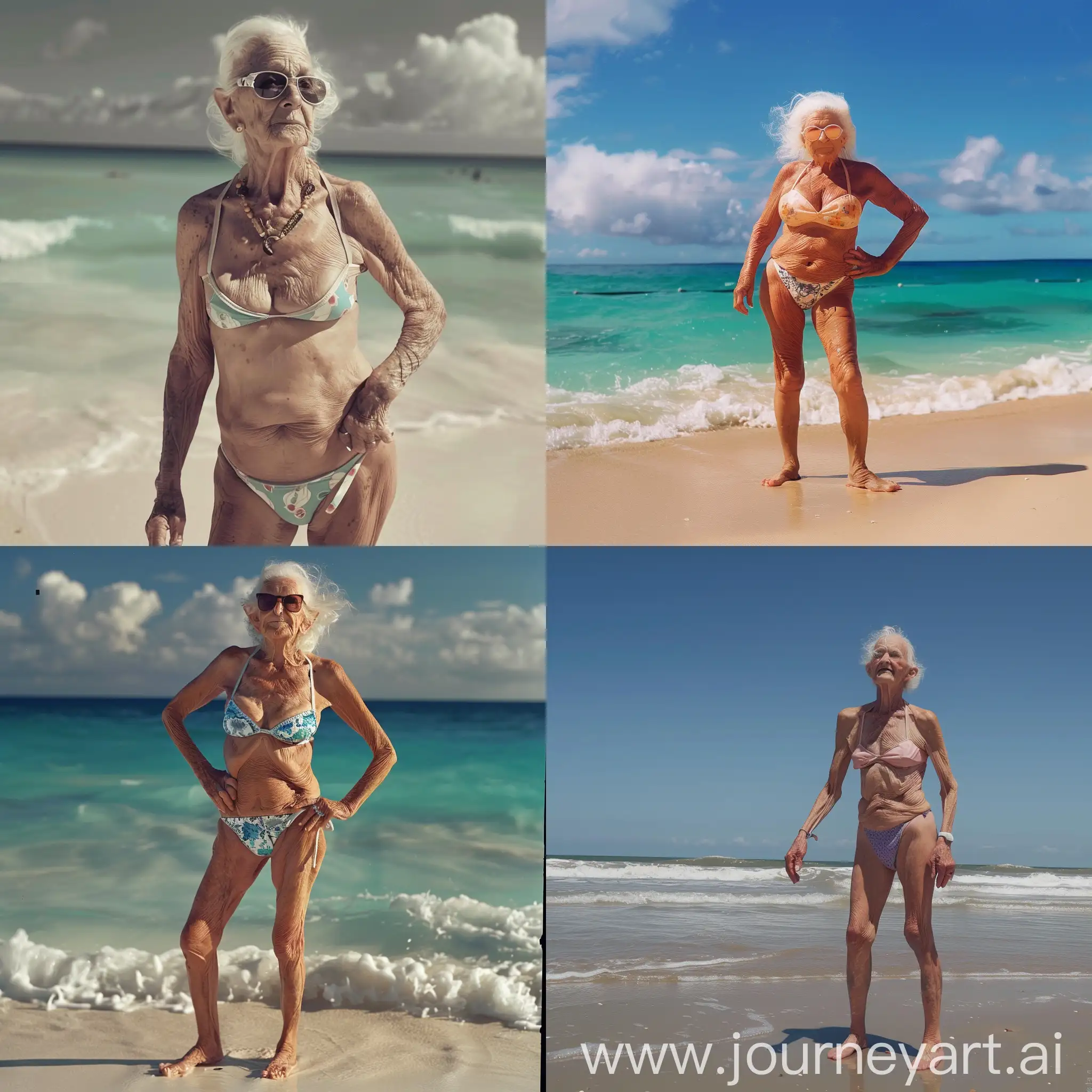 Je veux une vieille dame en bikini sur la plage