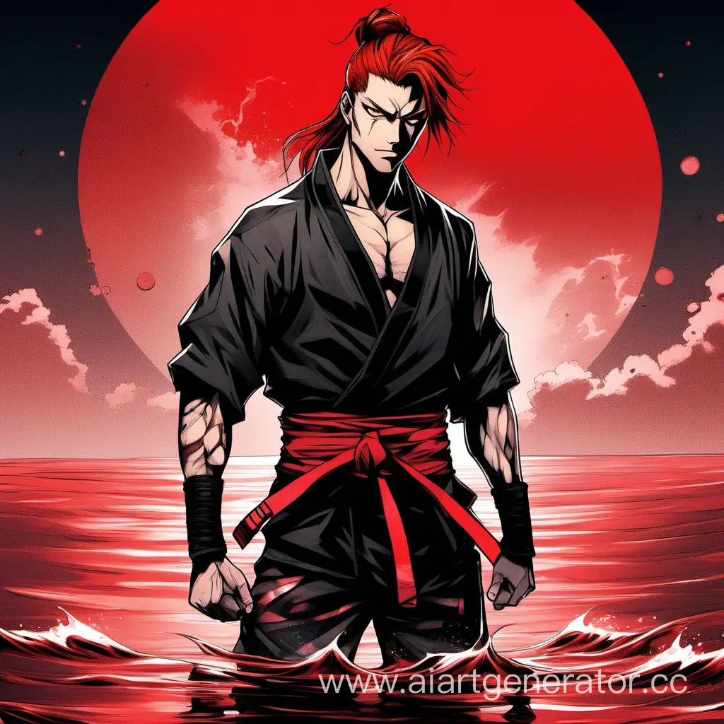 Высокий молодой парень, растрепанные волосы красного цвета сзади связанные в хвостик, пронзительный взгляд, боевая физическая форма с выраженным мышцами, одетт широкие черный штаны с поясом обмотанные бинтами в японском стиле, стоит в ярко красной воде, на фоне красной луны.