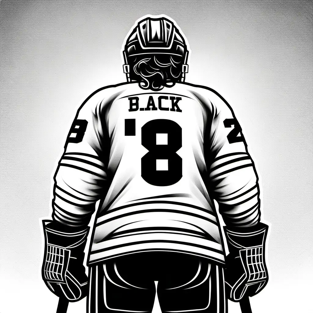 hockey player from behind, helmet on, wavy hair, black and white, thick outline