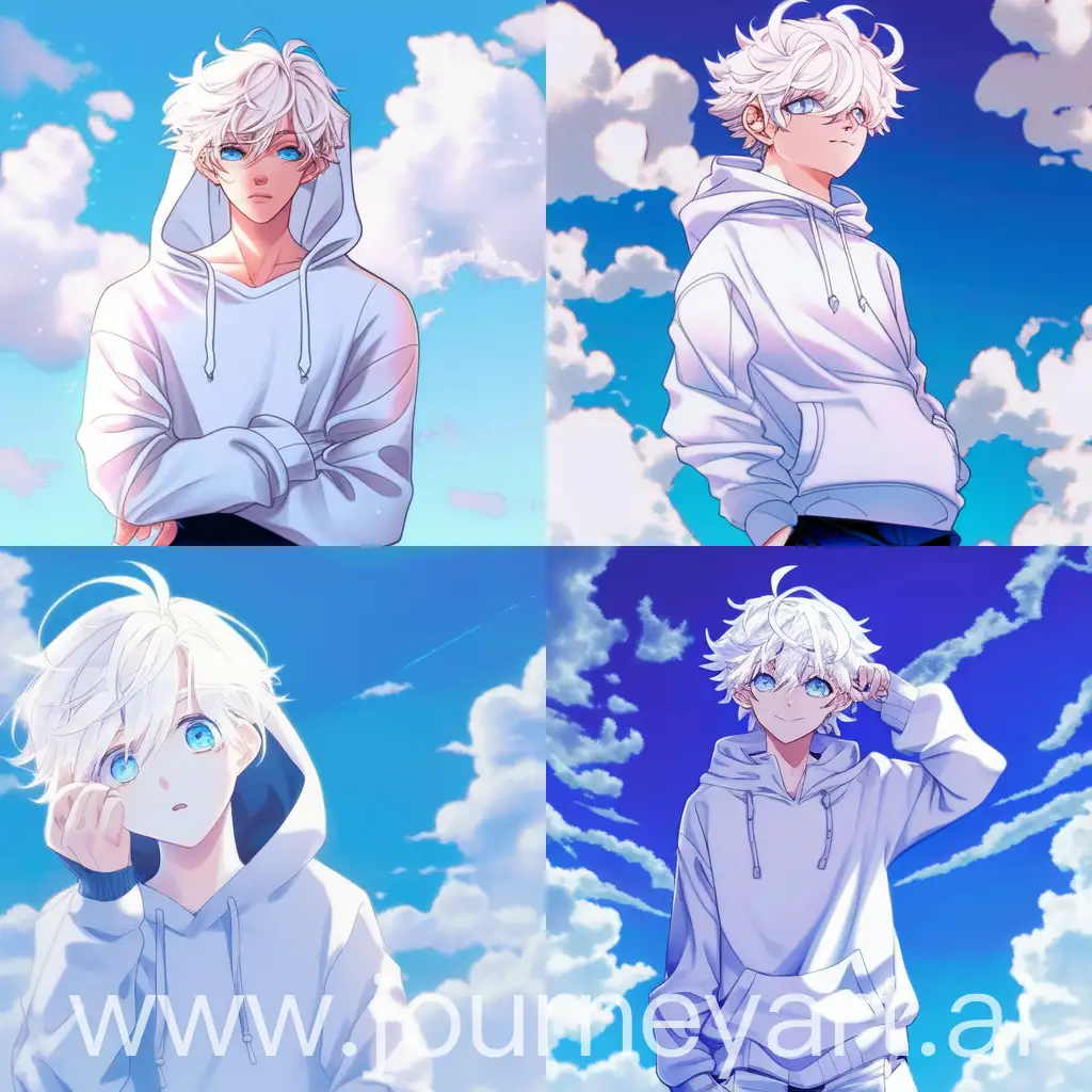 Create an illustration of  White anime hair boy hands in pocket clear pic looking at the front wearing earrings and beautiful eyes and hair in background there will be sky hands in pocket wearing hoodie and at in face around chin and chicks there will be white bandage detailed view highly quality using  deep sky blue, light navy blue, and violet colors.