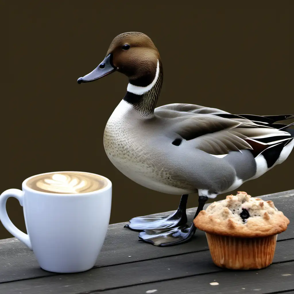 A Northern Pintail Duck talking Good Morning with a cup of coffee in front of him and an oatmeal muffin. 