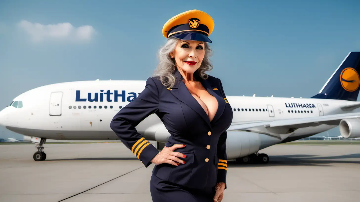 A Lufthansa flight attendance whith sexy style. She has big boobs and her big breast line can be seen from her uniform with hat. She has sexy hair and makeup and standing in a sexy pose beside of the airplane.  She is 62 years old.