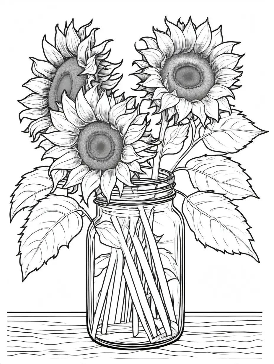 sunflowers in a glass jar coloring book,  floral background, black and white, no shading, no background, thick black outline
