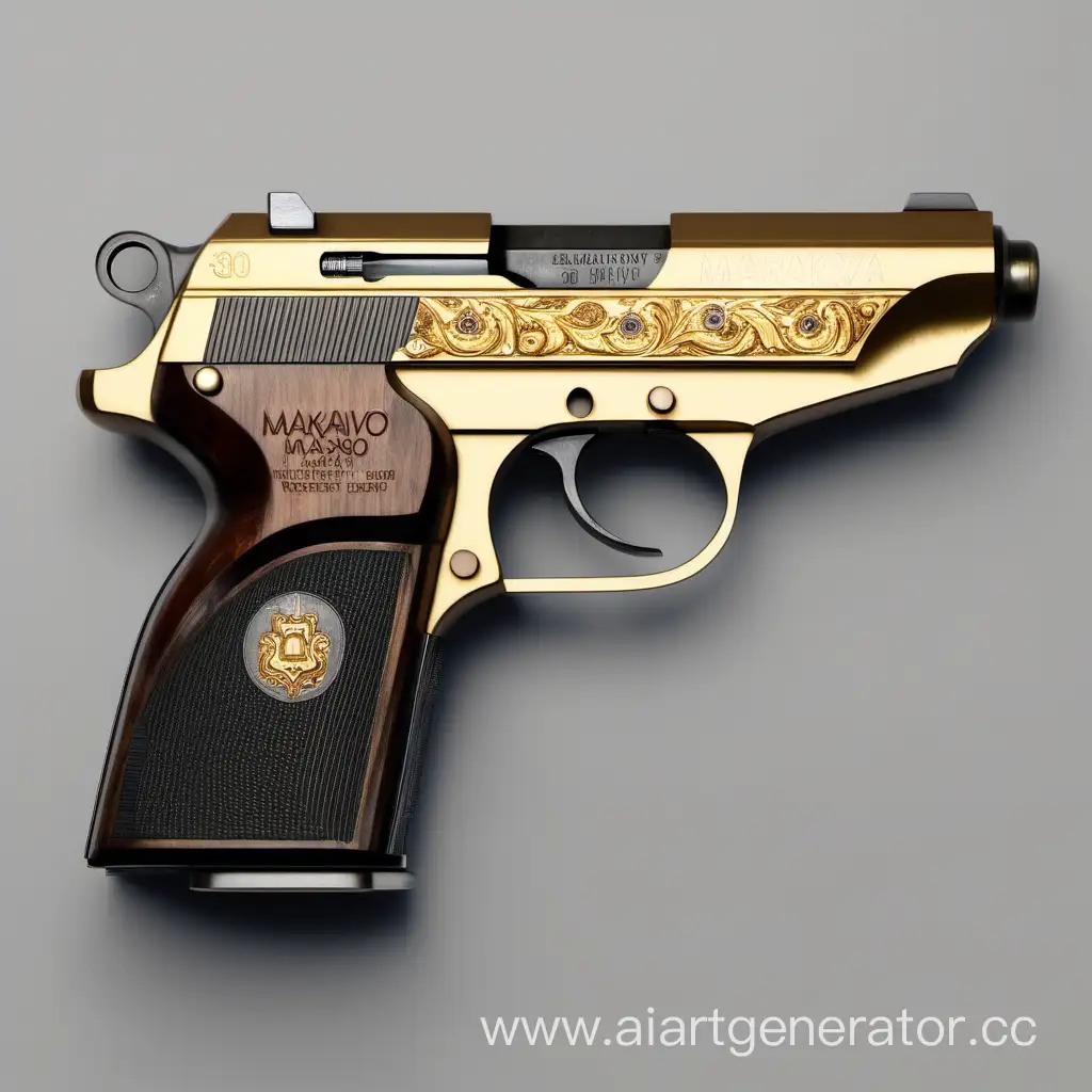 Пистолет Макарова с магазином на 30 патронов с золотой инкрустацией