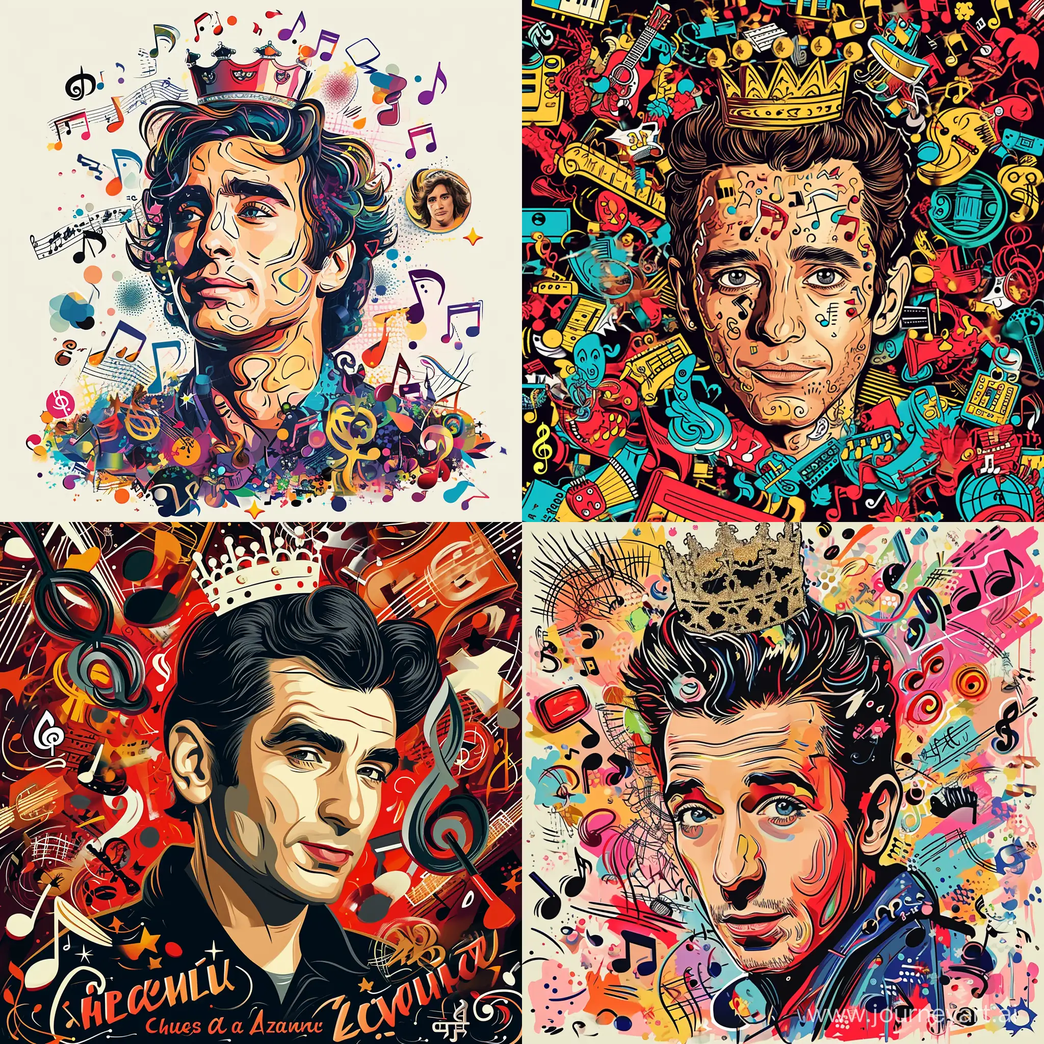 Waist portrait of Charles Aznavour, young, with a crown on his head, surrounded by musical symbols, many details, complex colors, caricature, pop art style
