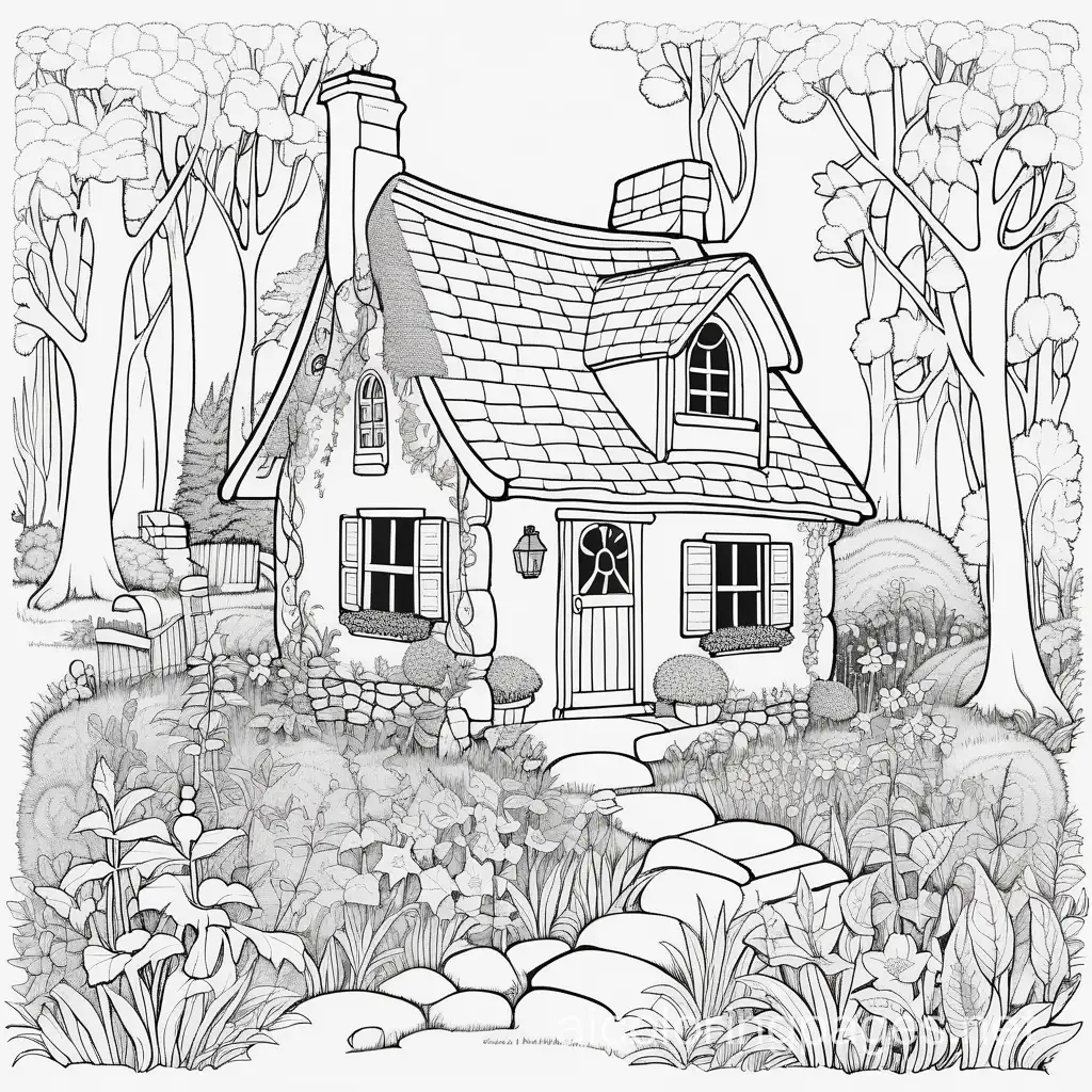 a quaint cottage covered in vines and moss nestle in the woods surrounded by wildflowers and berries


, Coloring Page, black and white, line art, white background, Simplicity, Ample White Space. The background of the coloring page is plain white to make it easy for young children to color within the lines. The outlines of all the subjects are easy to distinguish, making it simple for kids to color without too much difficulty