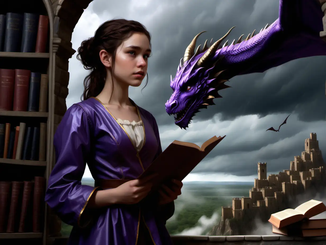 /imagine prompt: A digital painting of twenty-year-old Violet Sorrengail, small and fragile, standing determined in the Scribe Quadrant, surrounded by books and history. She's gazing towards the dragon riders' training grounds in the distance, under a stormy sky, feeling of impending challenge --v 6.0

