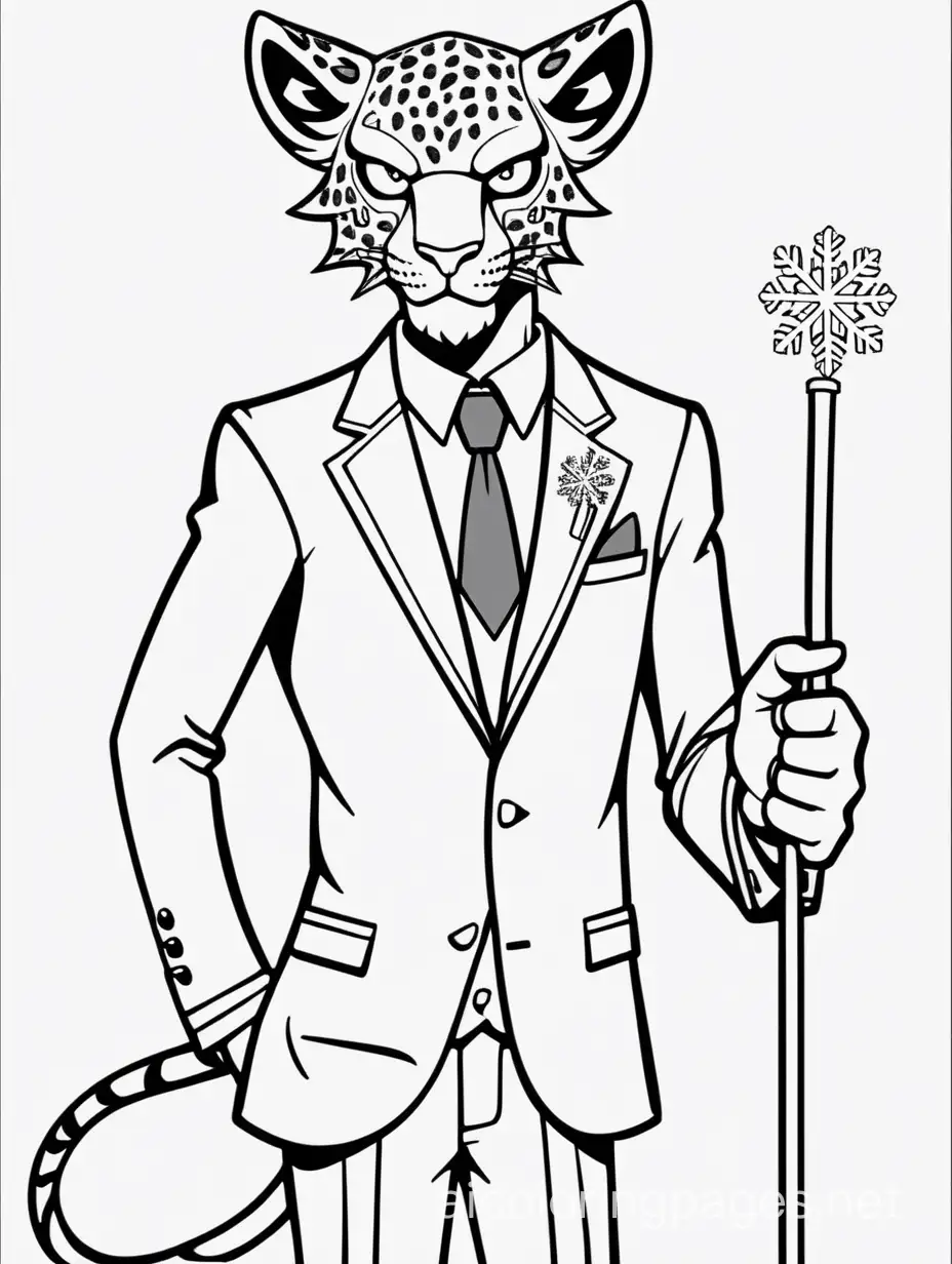 tall thin MALE ice demon with leopard ears on top of his head, snowflake cane, wearing a well fitted suit, hazbin hotel art style , Coloring Page, black and white, line art, white background, Simplicity, Ample White Space. The background of the coloring page is plain white to make it easy for young children to color within the lines. The outlines of all the subjects are easy to distinguish, making it simple for kids to color without too much difficulty