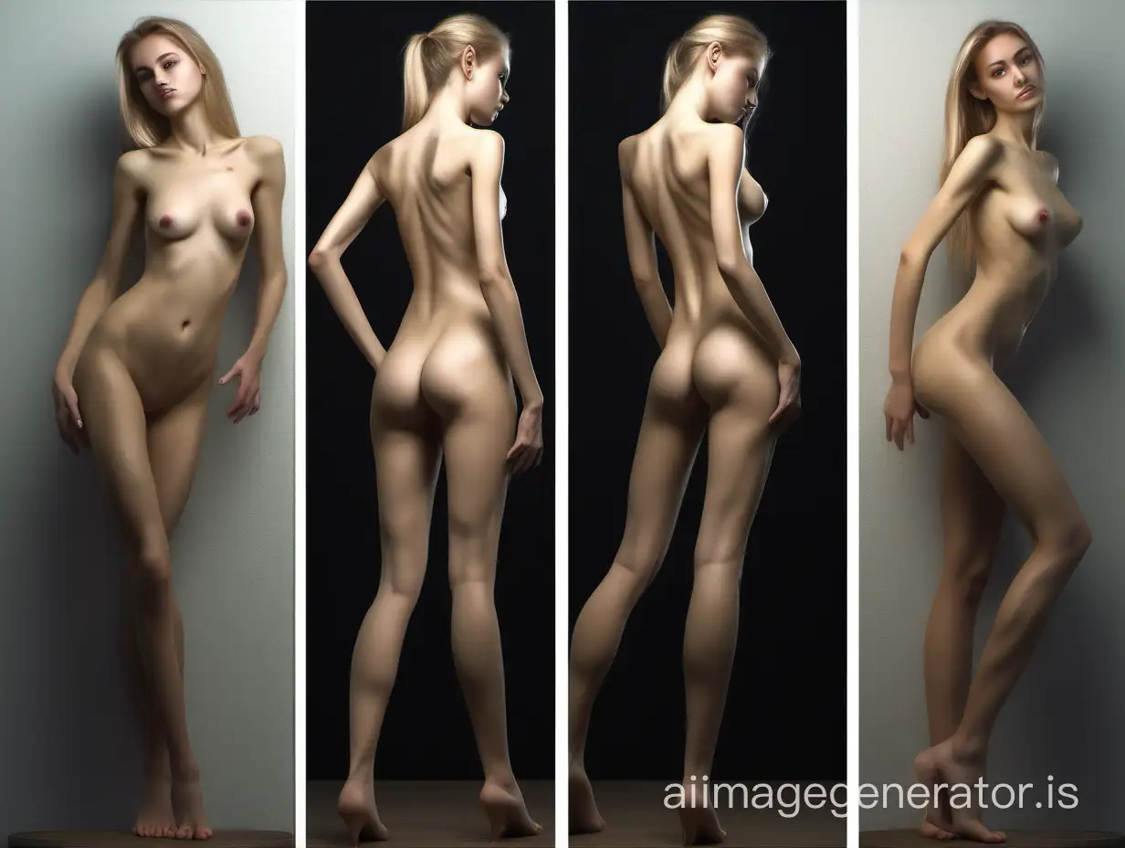 Russian  nice  18 age girl, naked perfect body, in office,  perfect slim figure, ,  paradise bliss , from three angles, collage, 8K photorealism