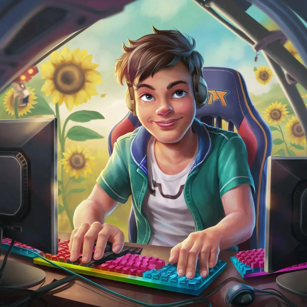 Handsome Gamer Boy Sitting at Computer with Summer Background