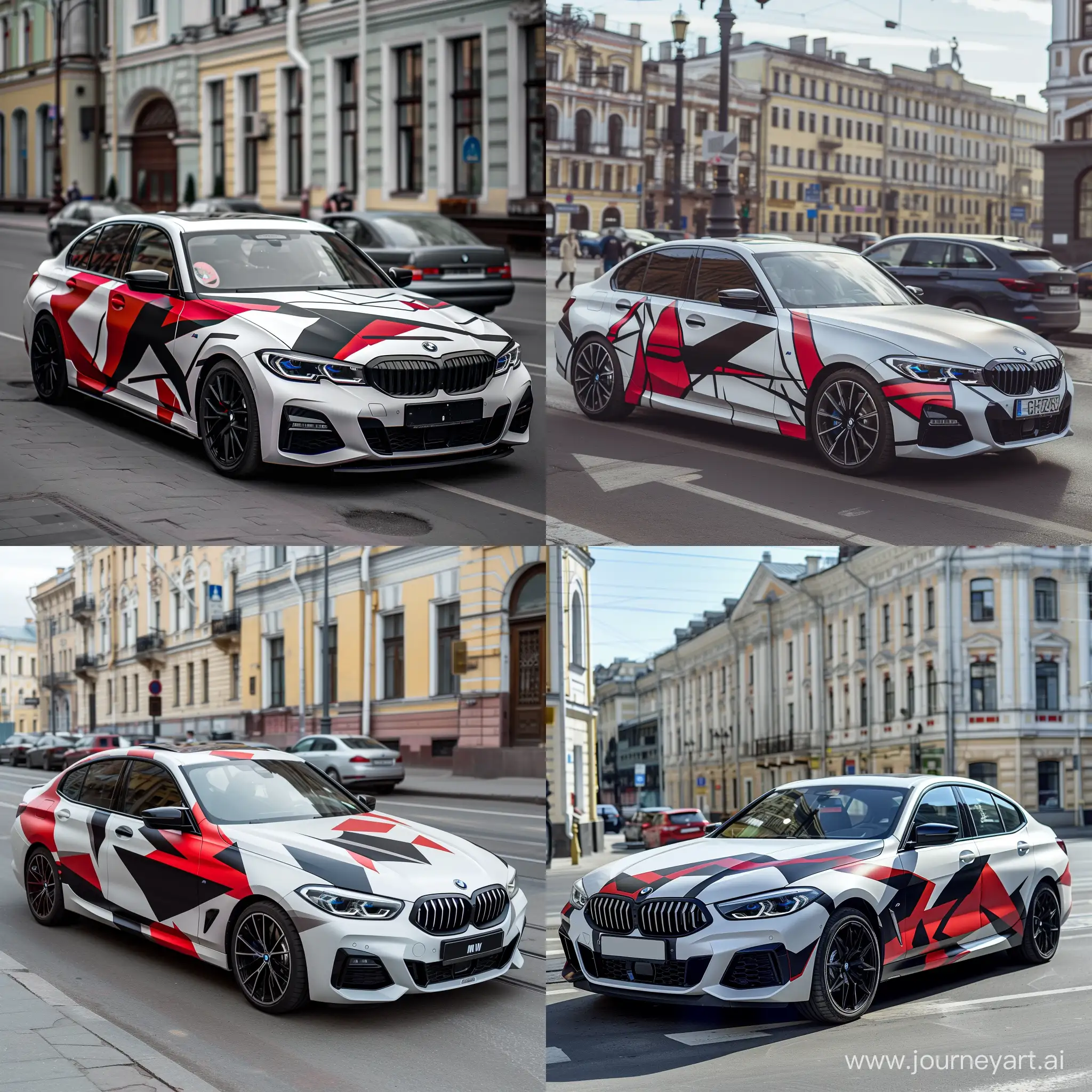 BMW g20 330 in a coloring of white, red and black sharp lines, on a city street of St. Petersburg