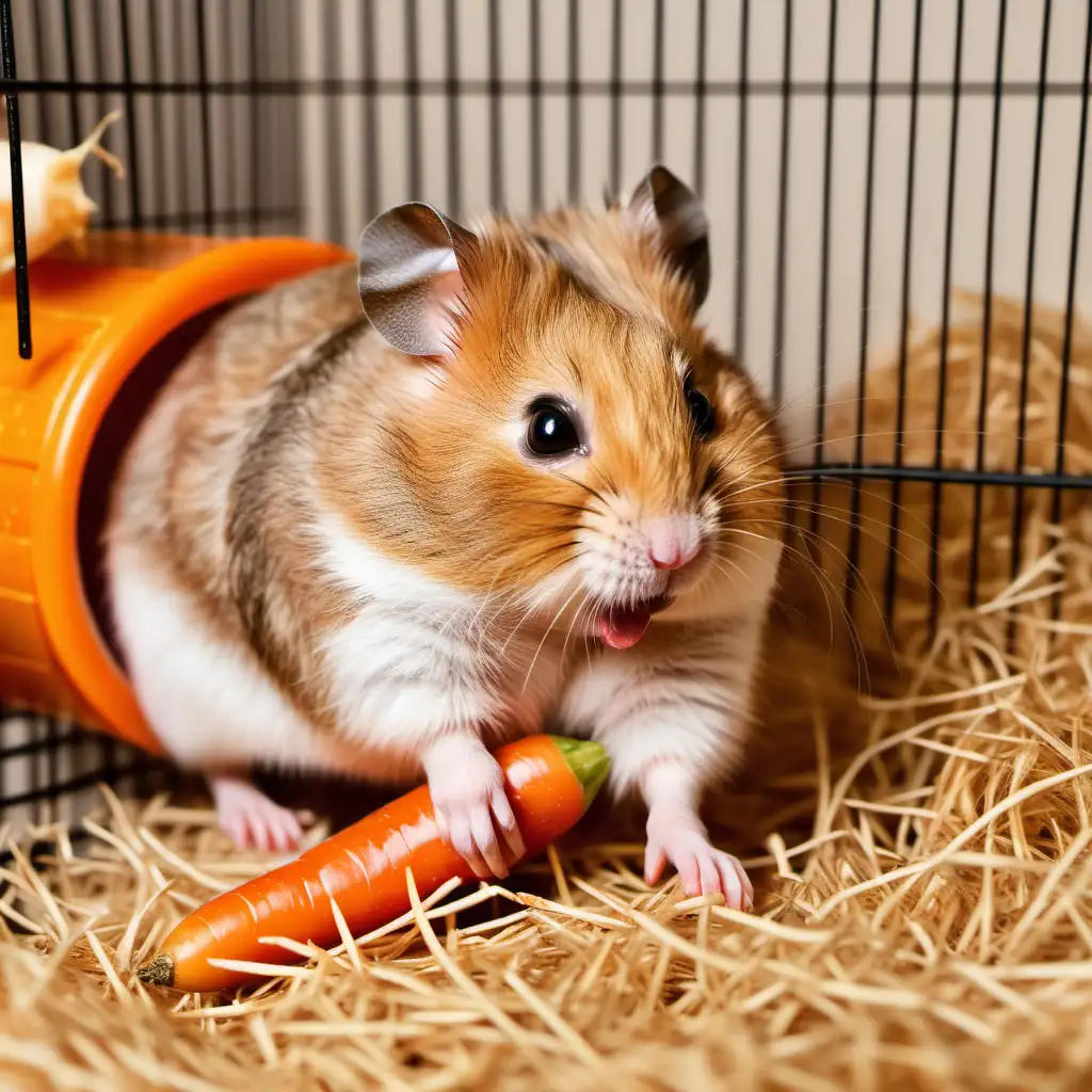Kleiner fetter Hellbrauner Hamster im Käfig in einem Hamsterrad mit einer Karotte im Mund und Heu am Boden