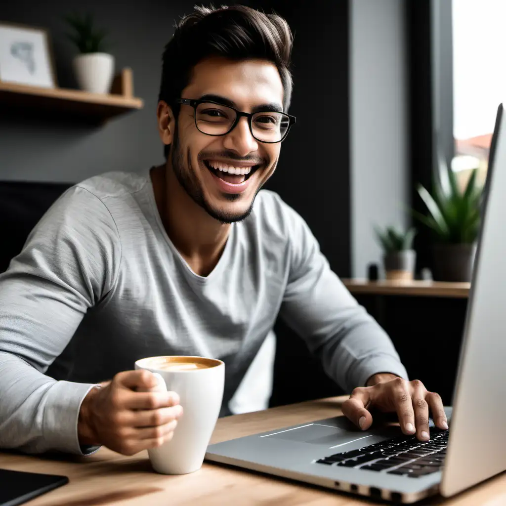 Create the image of a productive, work-from-home, entrepreneur working at the computer. He is so happy to have his coffee because it makes him focused, very productive, and feeling good.
