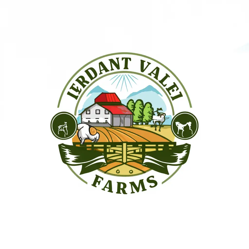 a logo design,with the text "Verdant Valley Farms: "Harvesting Nature's Bounty, Growing Community."", main symbol:Chicken, Pigs, Horse, Ducks, Cows, Fence, Trees, Farm, Falls, Rain,Moderate,be used in Animals Pets industry,clear background