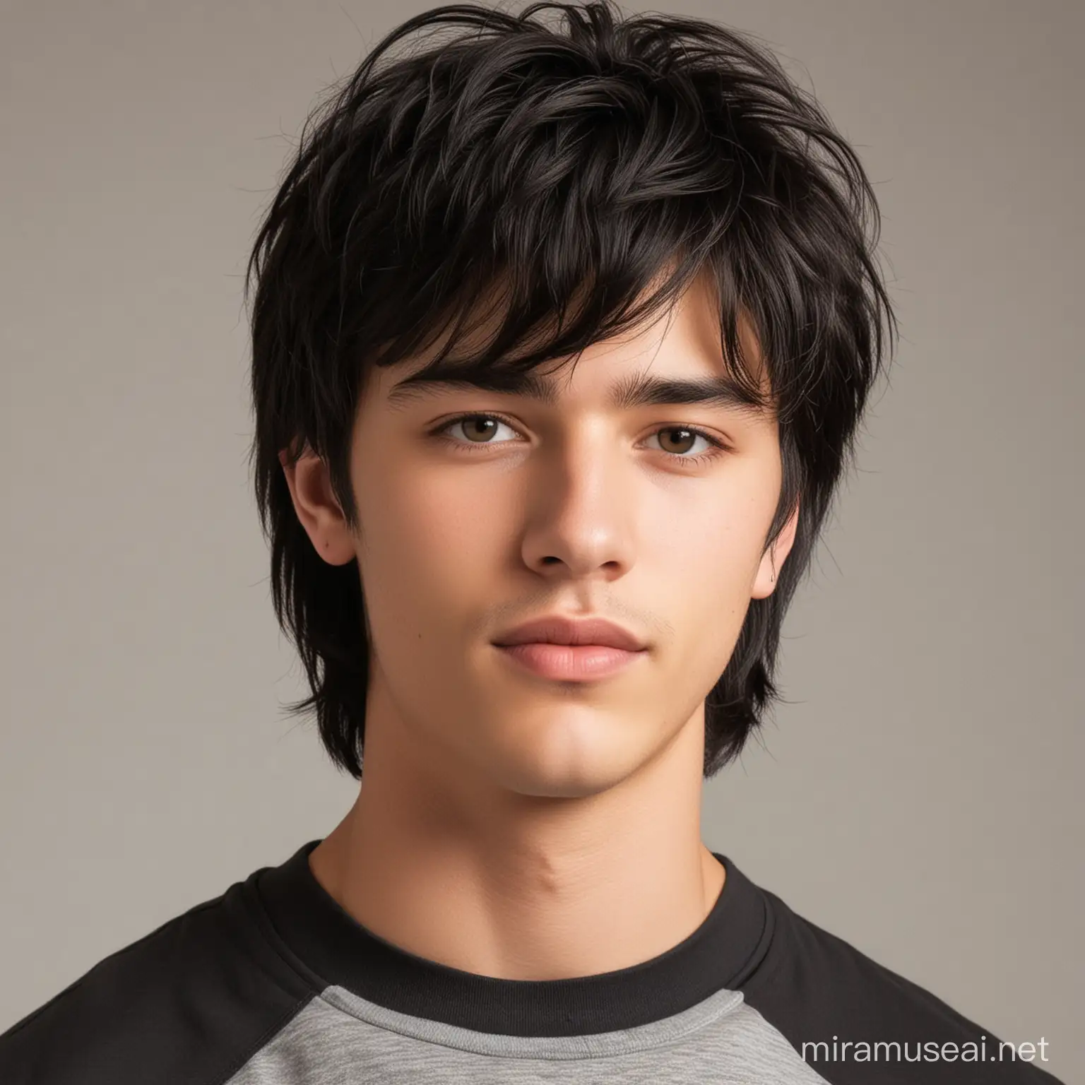 A good-looking and handsome guy. He is 18 years old. He has black hair. He has a short mullet haircut.