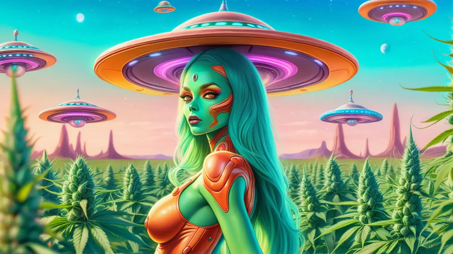 sexy exotic alien woman from another planet who just landed on earth in a field of cannabis, bright colors in the background sky, flying saucers in the bacground
