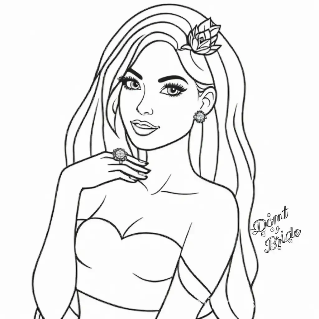 create a coloring page vector svg picture  with a black bride showcasing her diamond ring. dont add any color and design should be basic cartoon style with no elaborate designs