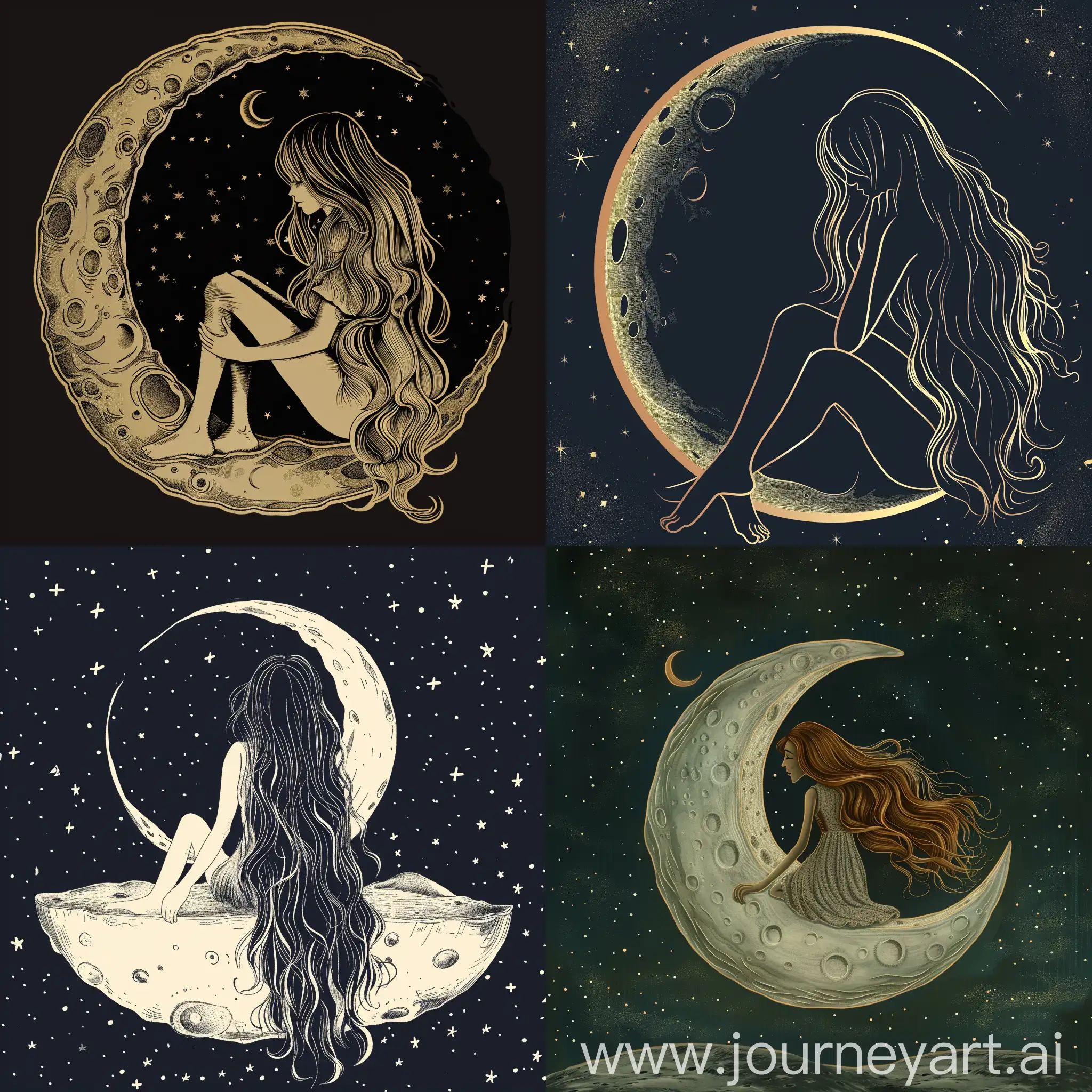 Girl with long wavy hair sitting on the moon