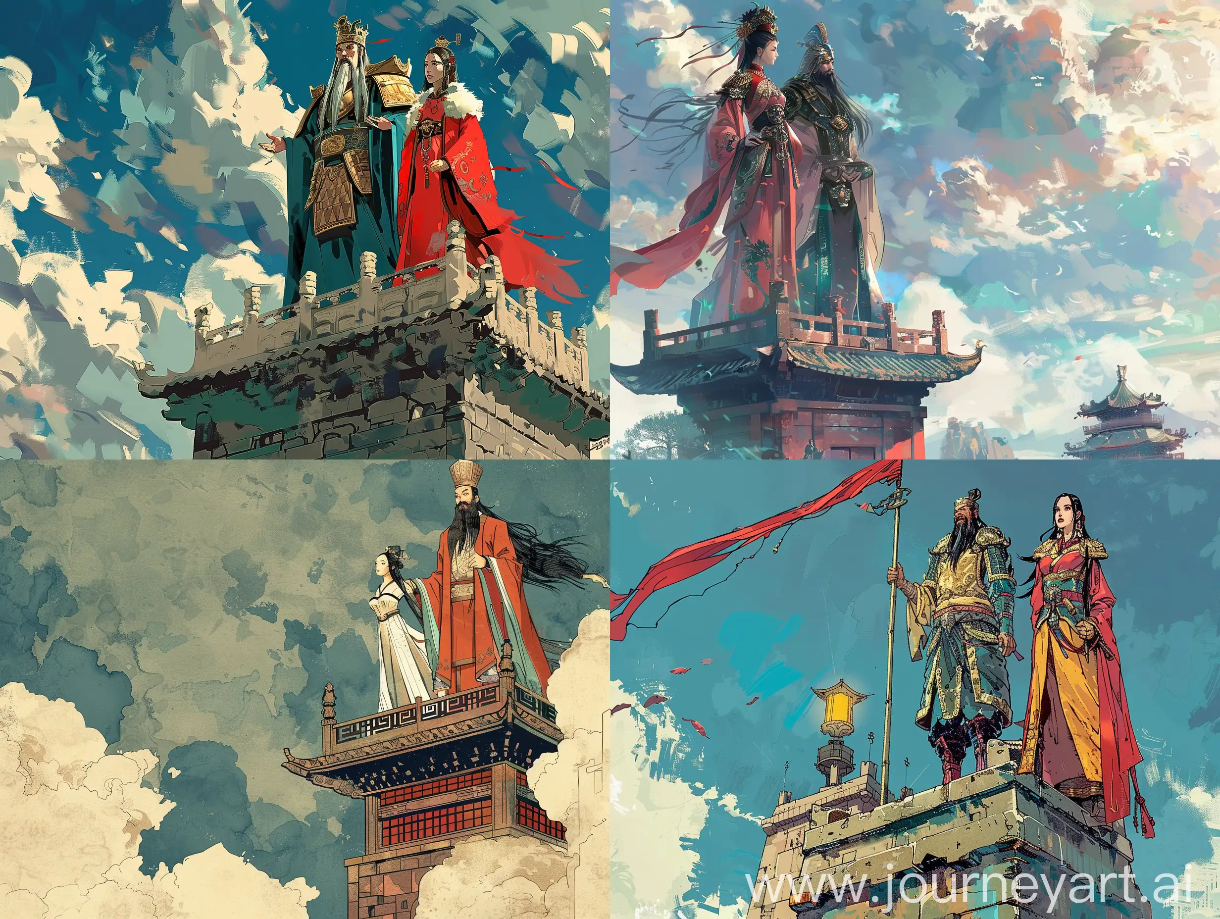 一个国王和一个美女站在烽火台上，中国风漫画风格，水墨画镜头，东方美学，二次元，大师之作，场面宏大，4k高清。
