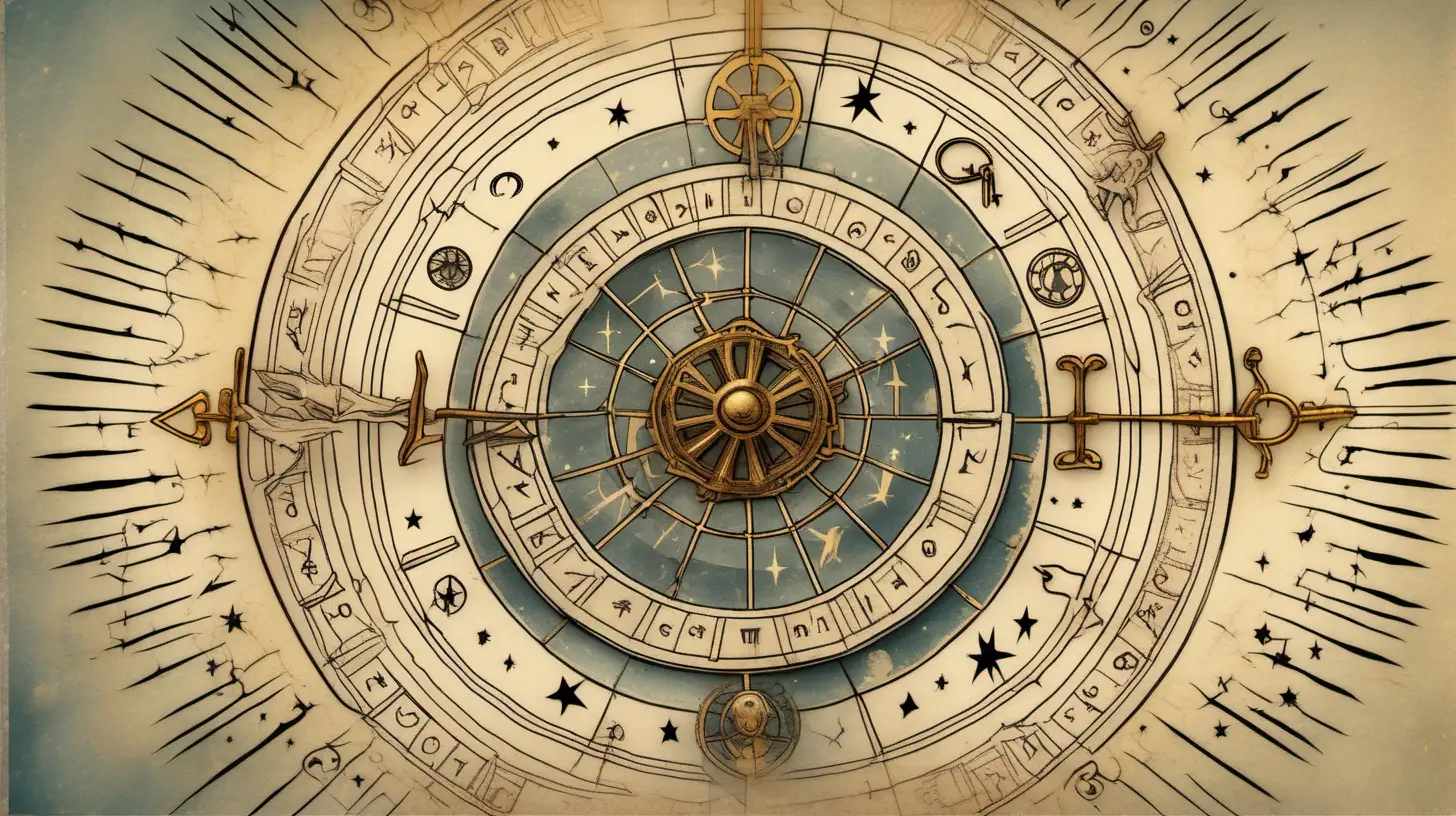 astrological wheel with keys flying around the wheel, muted colors, loose lines, witchcraft