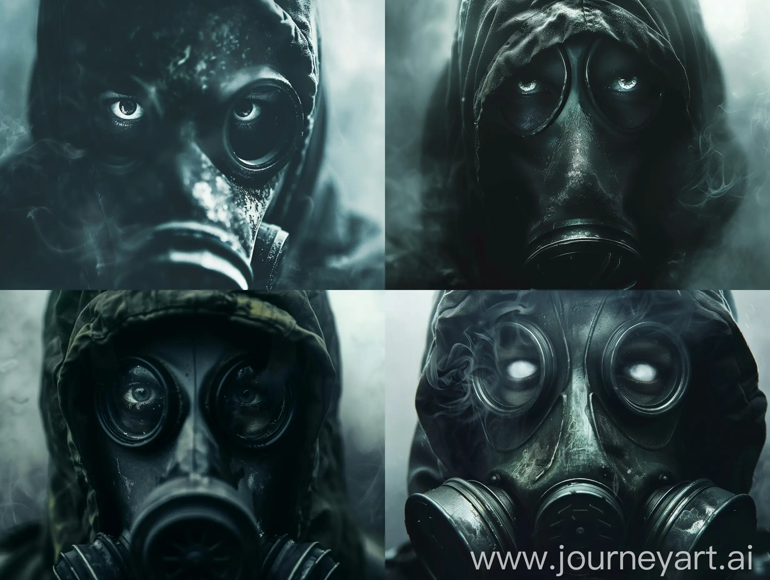 A picture of a stalker's face wearing a gas mask. Chernobyl. Cinematic. Epic. Close up. Obscure atmosphere. abstract. white eyes
