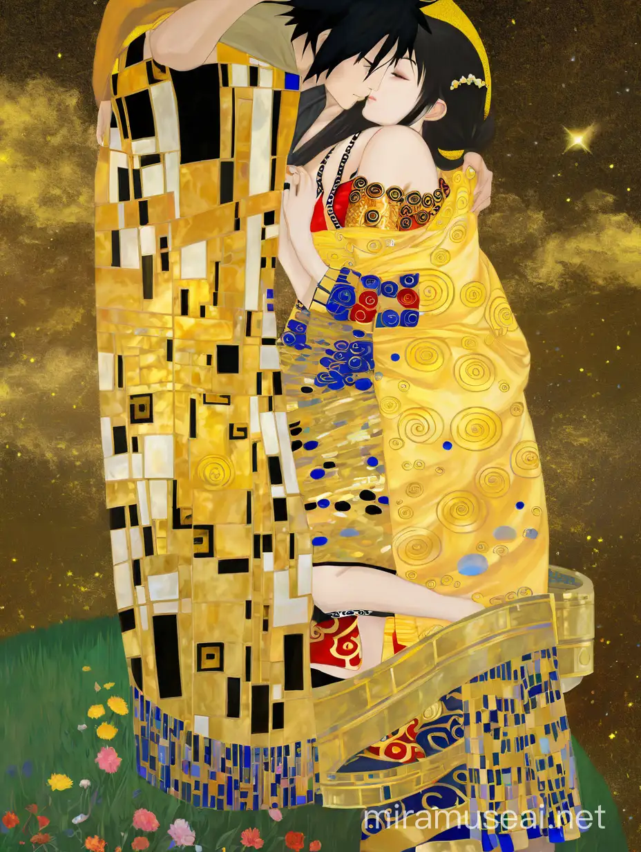 Cloud and Tifa from Final Fantasy painted in the same style as Gustav Klimt Kiss