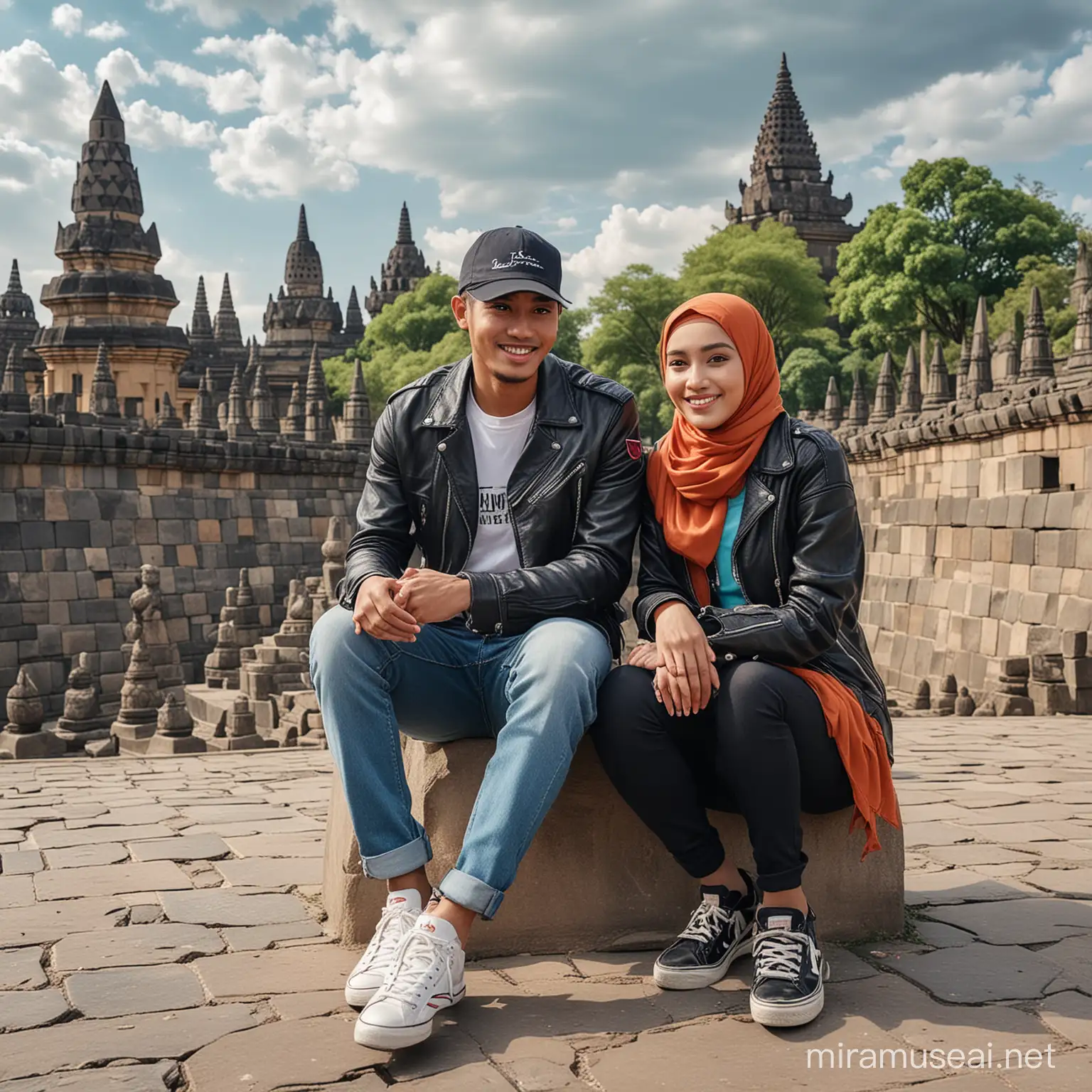 Indonesian Couple Relaxing at Borobudur Temple Courtyard