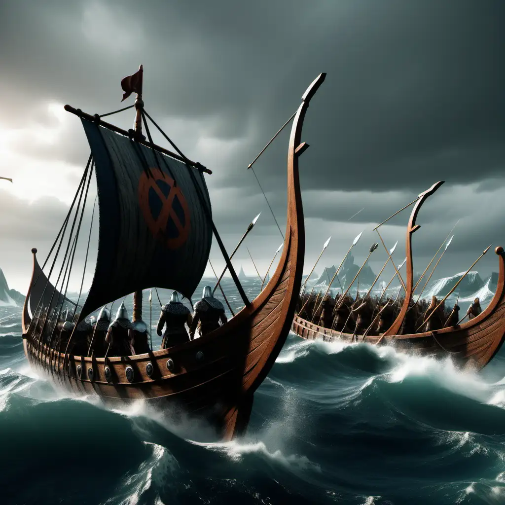 generate a battle  among Norse Vikings, with bow and arrows between ships. 