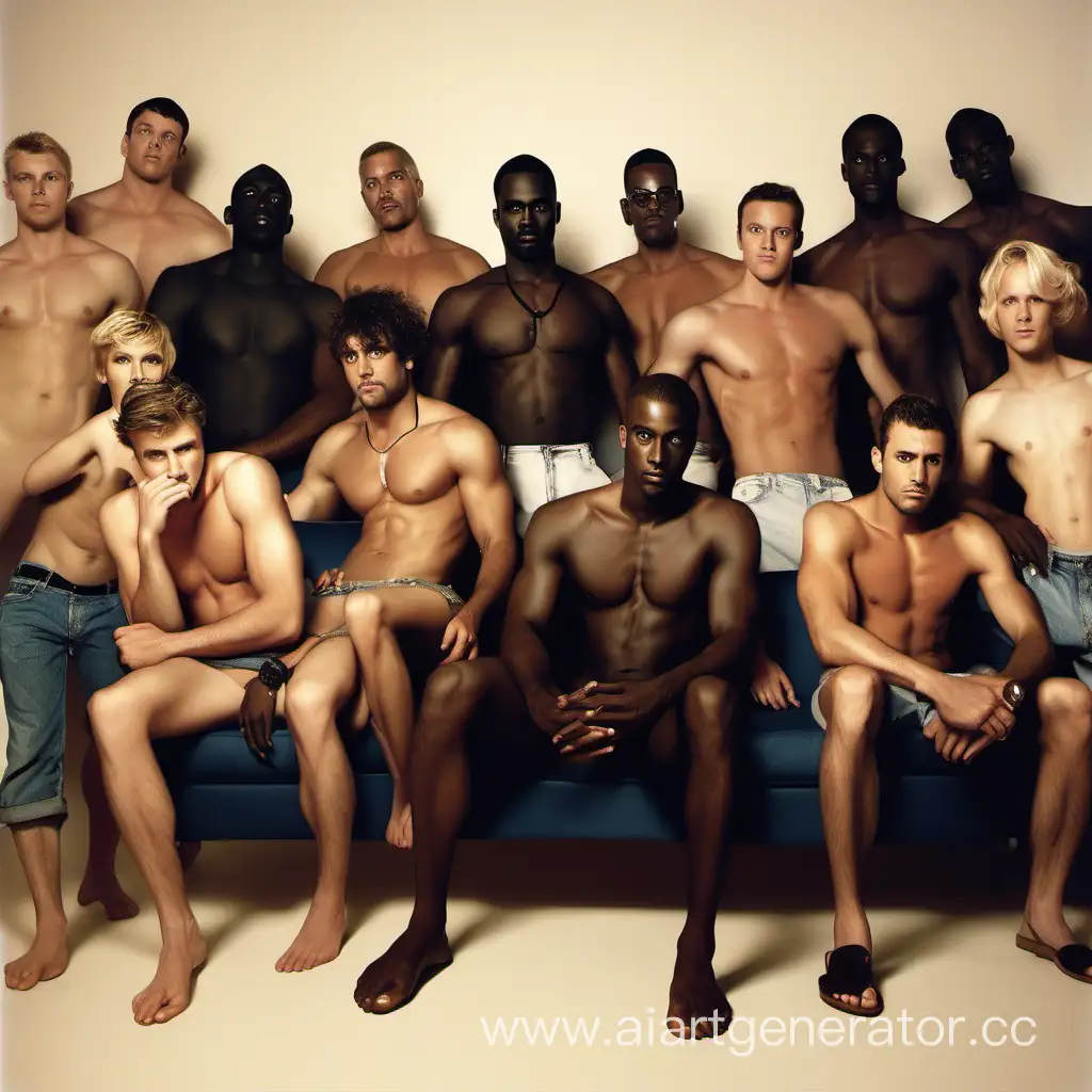 Diverse-Group-of-Shirtless-Men-Gather-around-Blonde-Woman-on-Couch