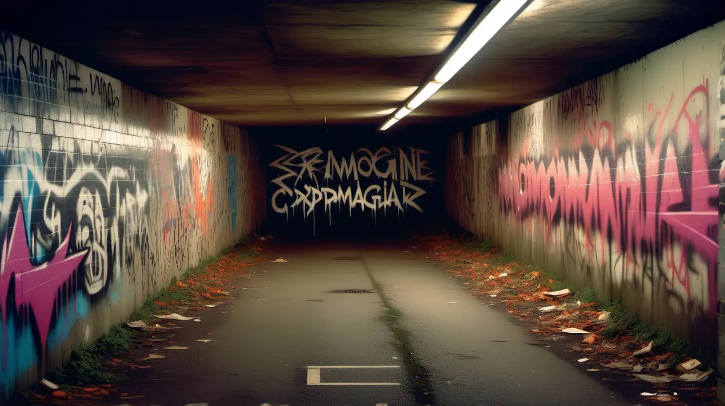 imagine a photo of graffiti in a narrow untidy urban underpass, on the wall is an occult summoning cryptogram for contacting a demon , urban northern Britain 1980s, realistic