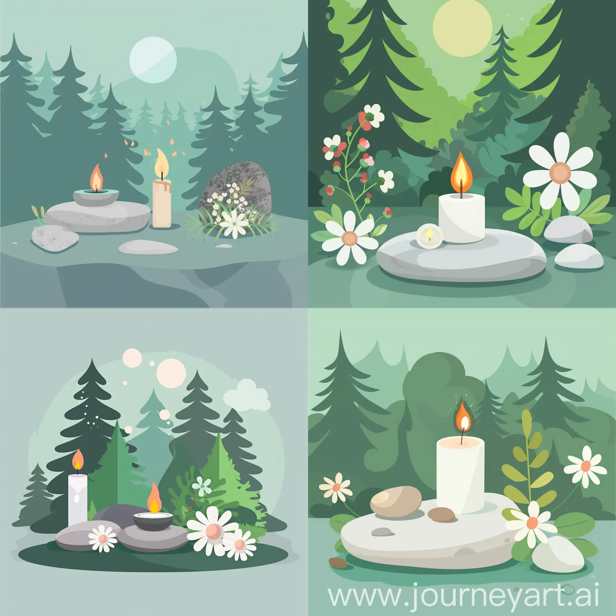 beautiful minimalist meditation and spa objects, stone, burning candle, flowers, green forest in the background, in high quality flat style,