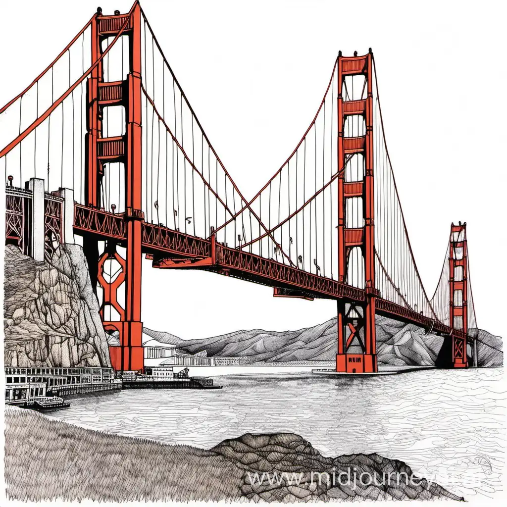a pen and ink drawing of the golden gate bridge
