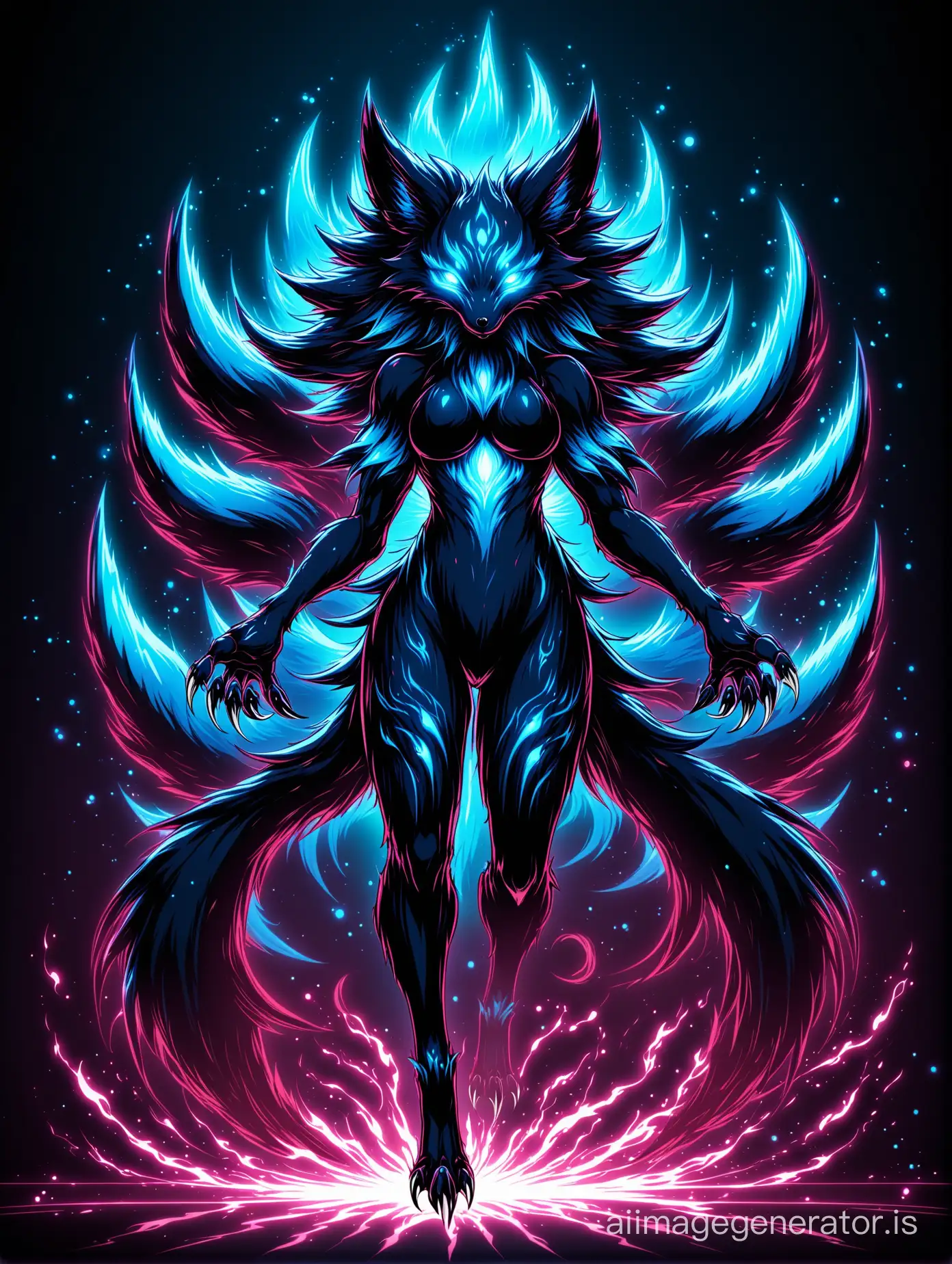 SemiProfile-NineTailed-Fox-Demon-with-Bright-Eyes-in-Dark-Colors