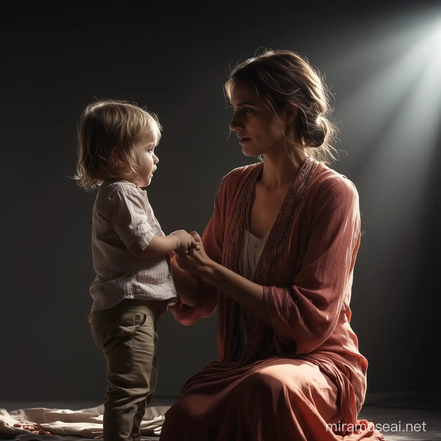 a mother selling by her child in flowing clothes, HD, dramatic lighting, details