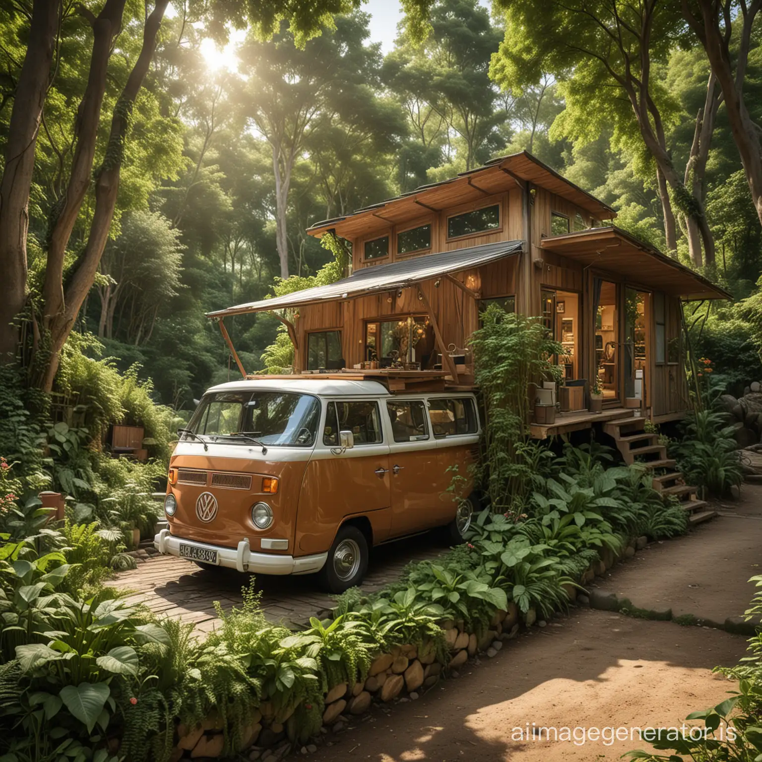 A serene and eco-friendly wooden home design that is more integrated with nature, featuring walls adorned with climbing plants, a garden roof teeming with greenery, large windows for natural light, and materials that complement the surrounding landscape, set amidst a lush forest with a clear flowing stream, with a VW Combi van parked beside the house, in HDR, with high detail, cinematic, and natural lighting.