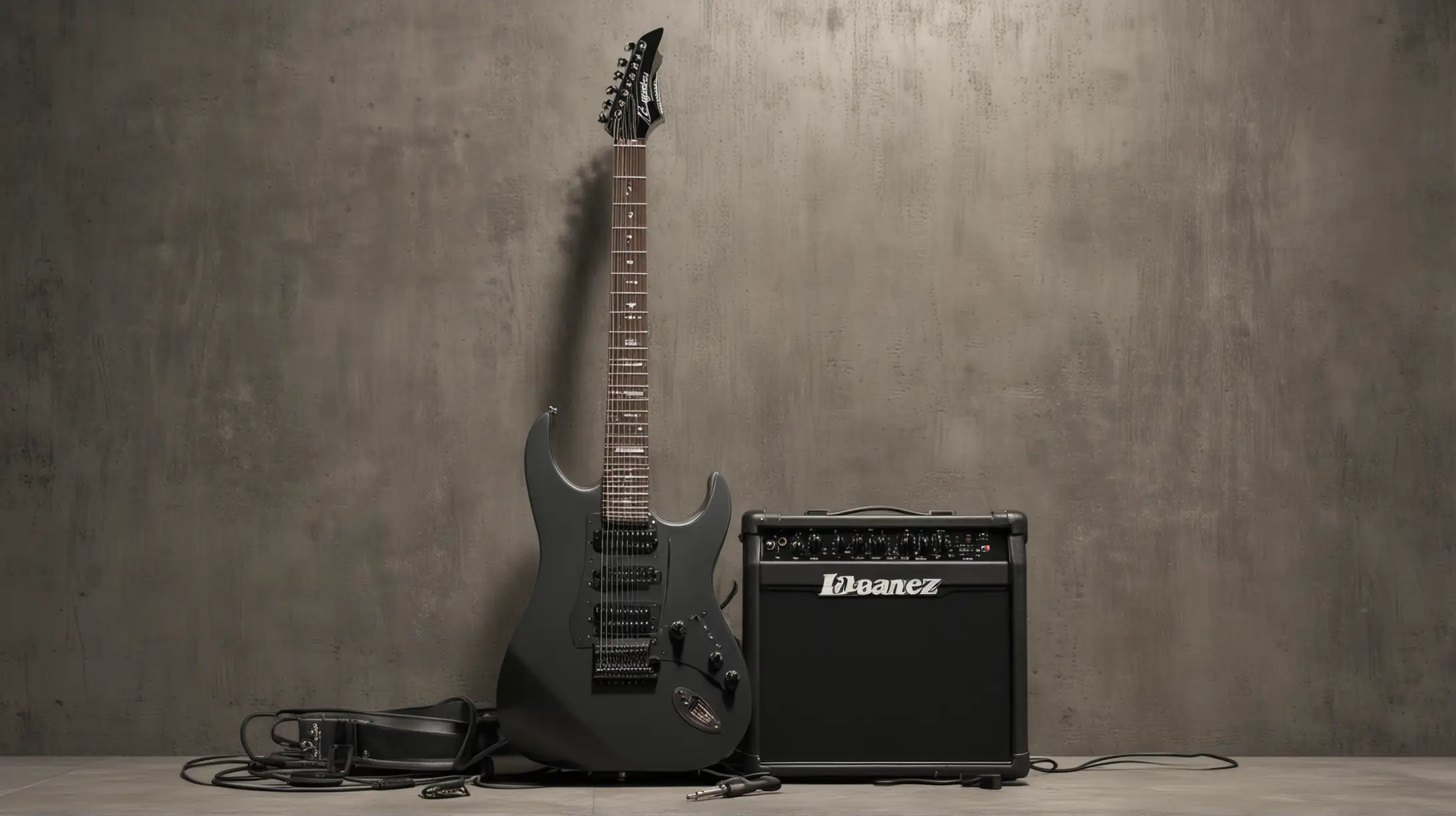 ibanez metal six string realistic electric guitar against a metal wall, on amplifier and two boots