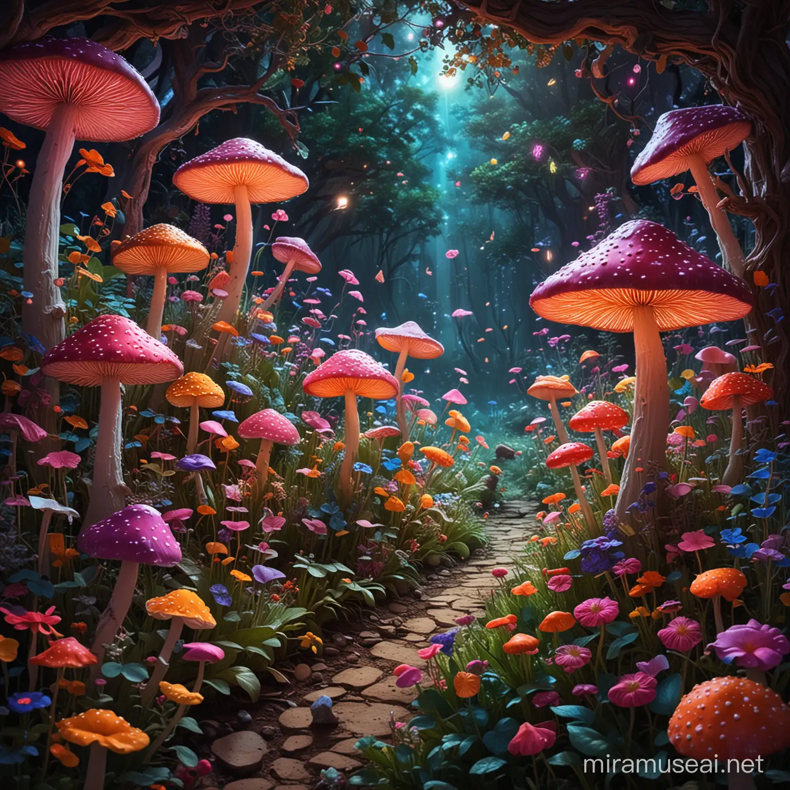 Romantic, whimsical, colorful, neon, flowers, mushrooms, space, garden, dancing fairies, euphoric