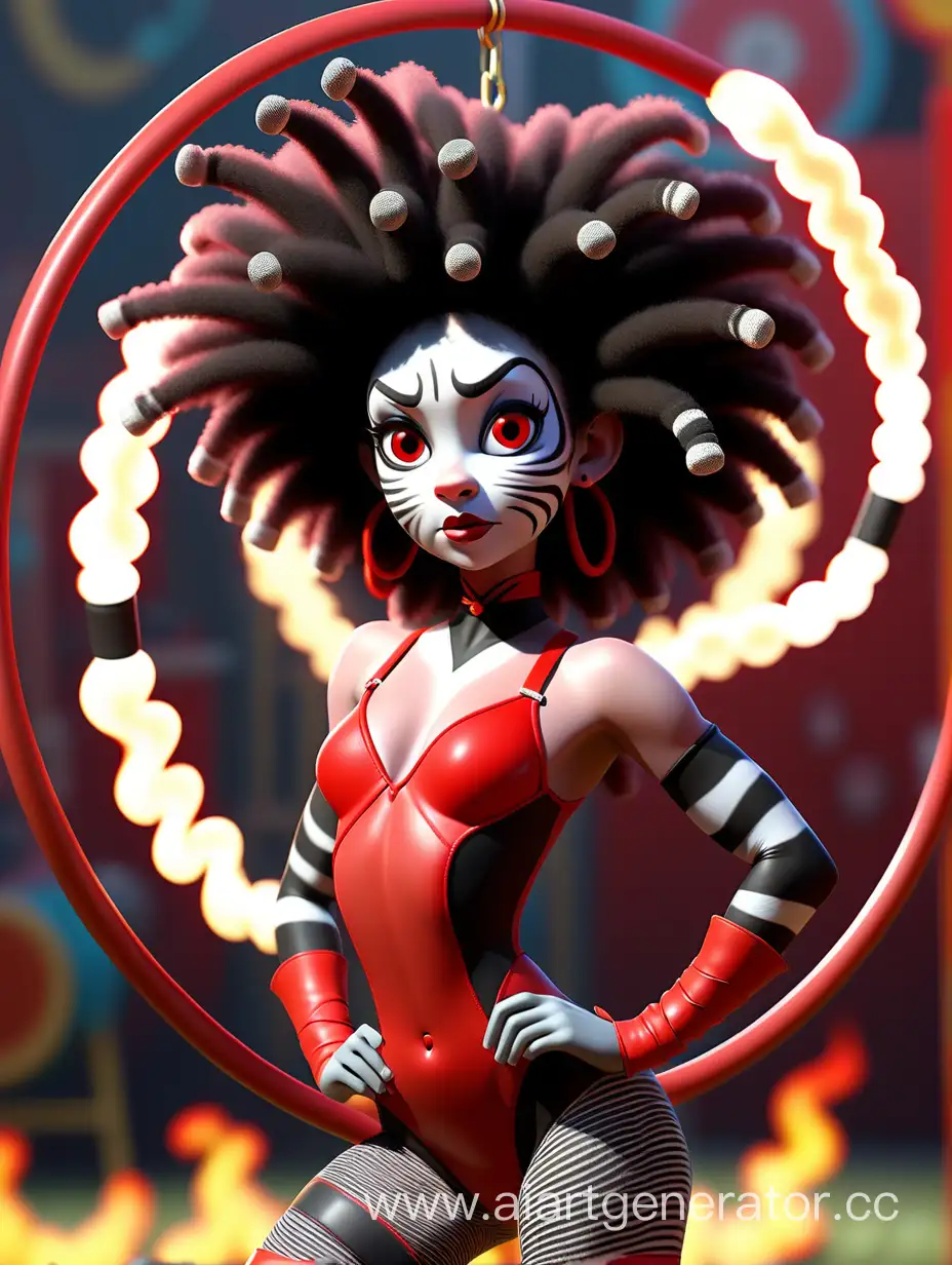 Zebra, zebra muzzle, zebra ears, zebra tail, black hair, afro curls, red leotard, fishnet tights, red leather boots, standing near to the burning hoop, circus, on the scene, Dreamworks animation, subrealistic, fog, 3D render, bokeh, Sovietwave, glow stick lightning