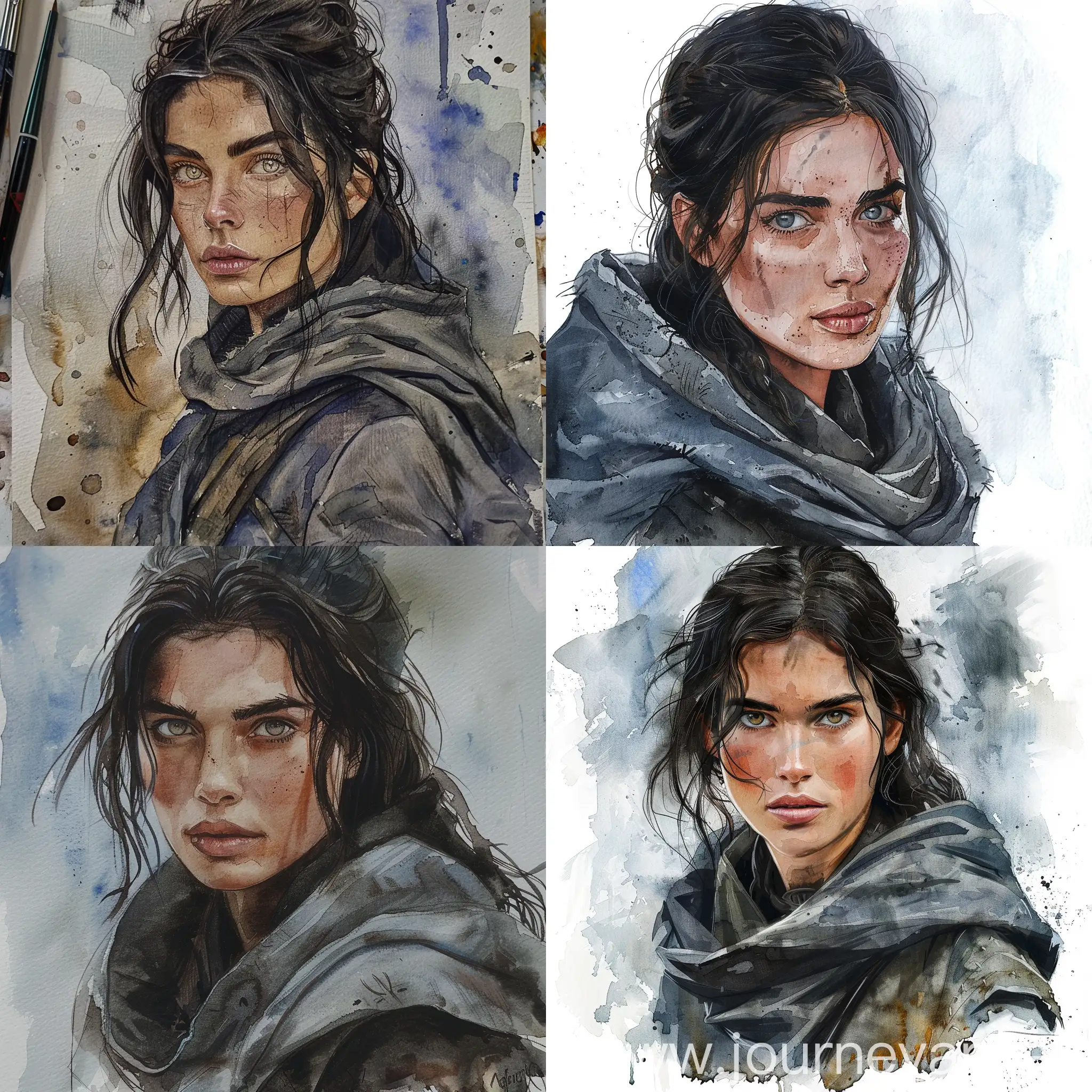 Cinematic portrait watercolour of a female ranger of the north with dark hair light eyes and a grey cloack