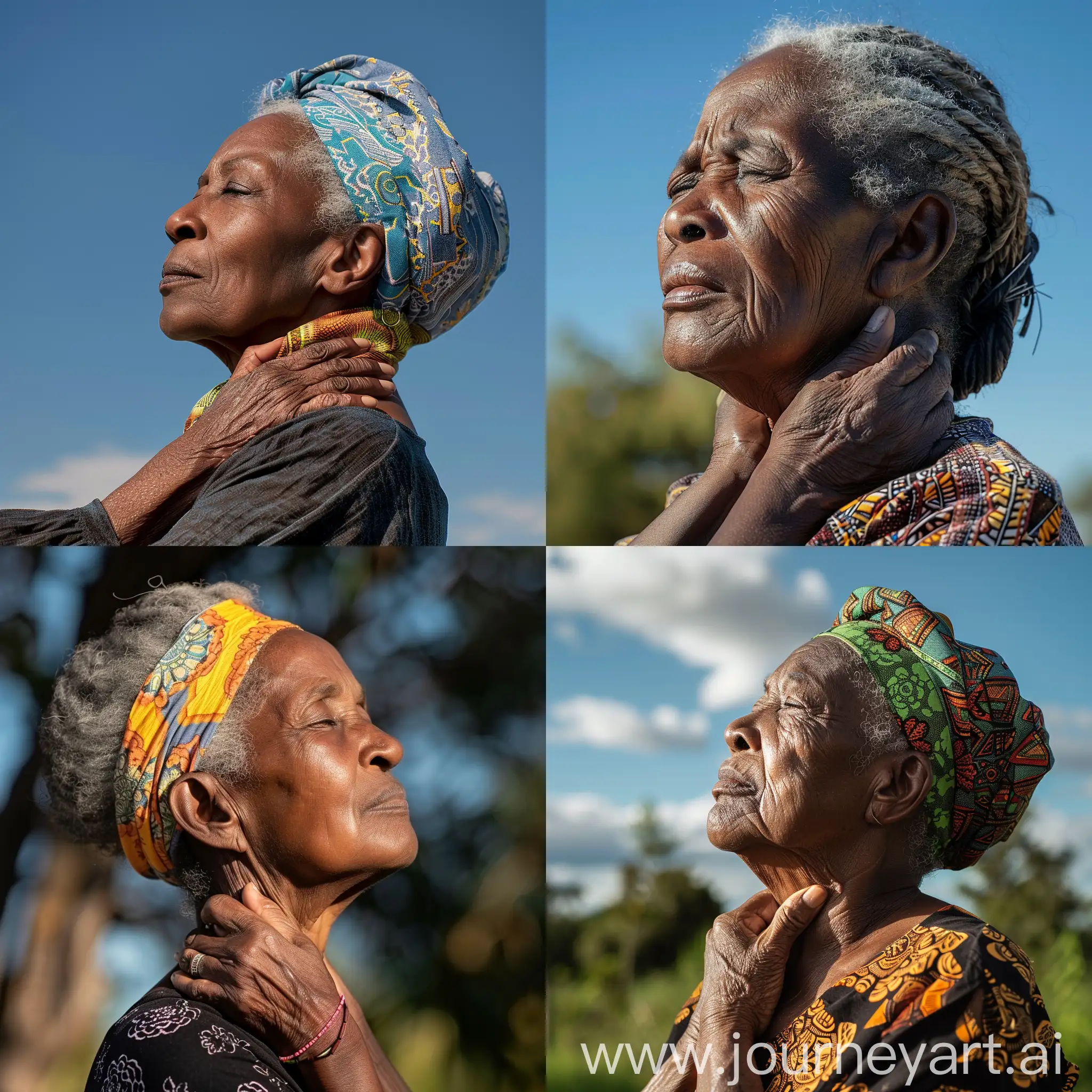Side profile portrait of a 60 year African woman holding her neck on a sunny day