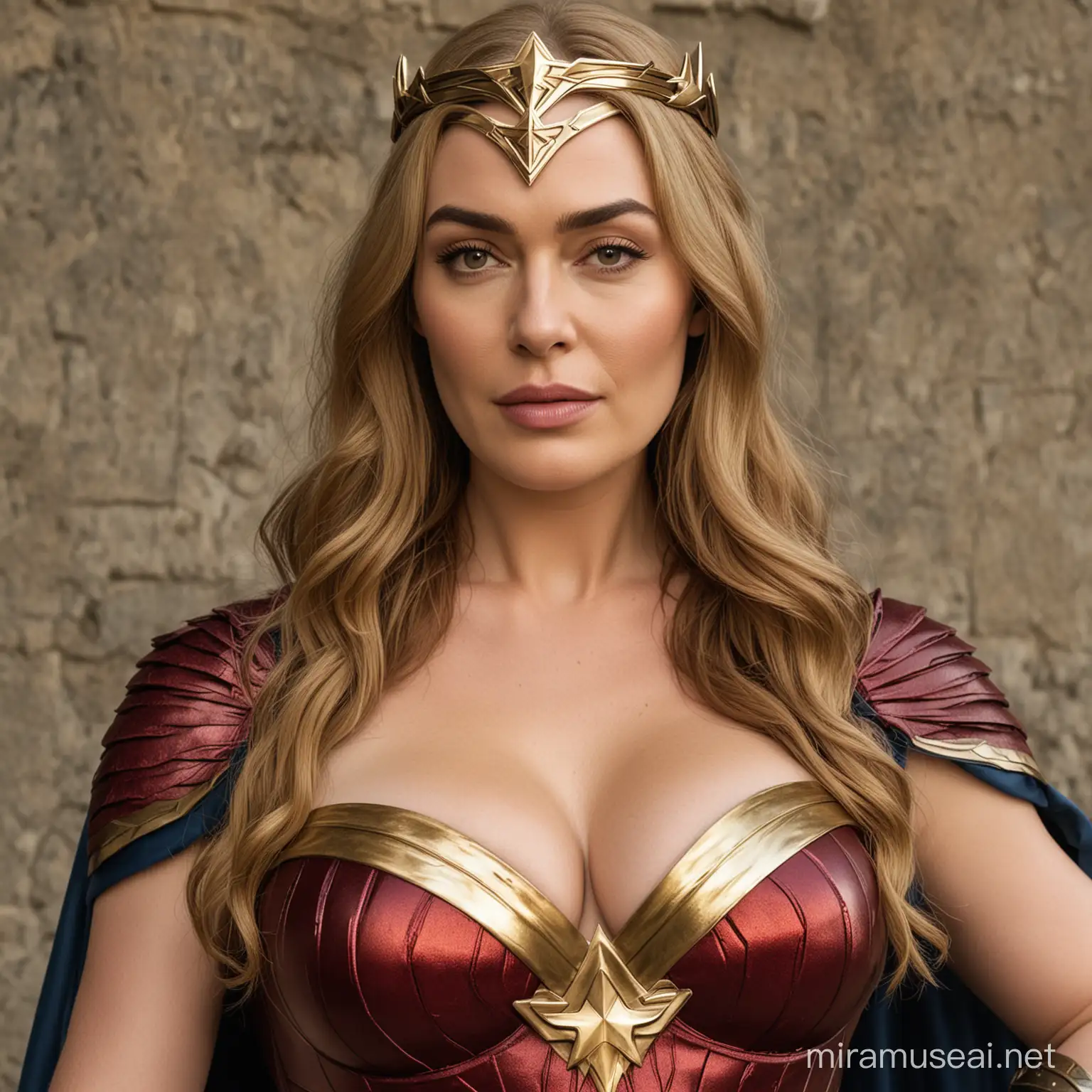cersei lannister dressed as Wonder Woman, bbw, giant breast, massive cleavage