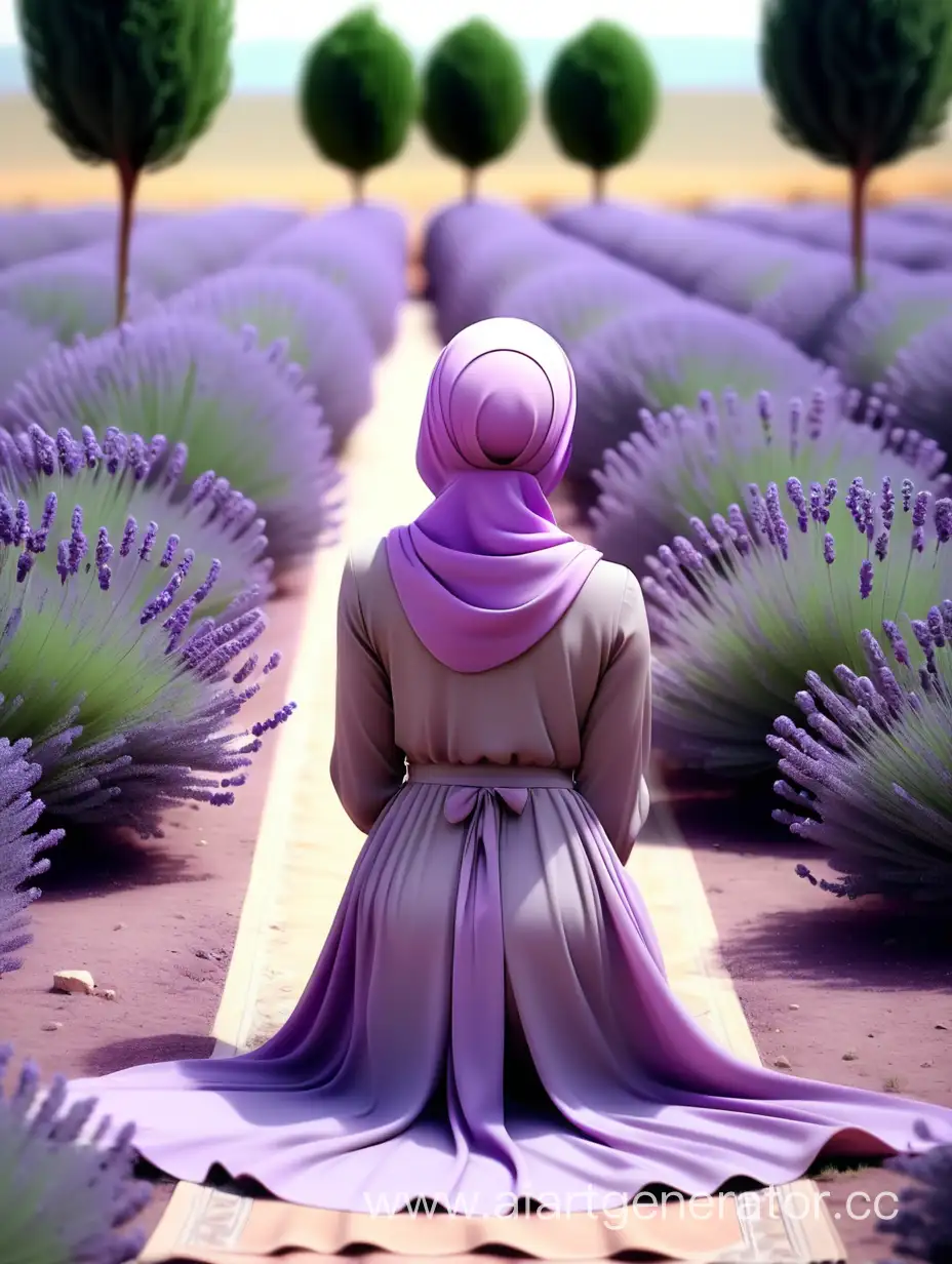 Девушка мусульманка со спины в длинном платье и хиджабе сидит на земле вокруг фиолетовая лаванда красиво эстетика
