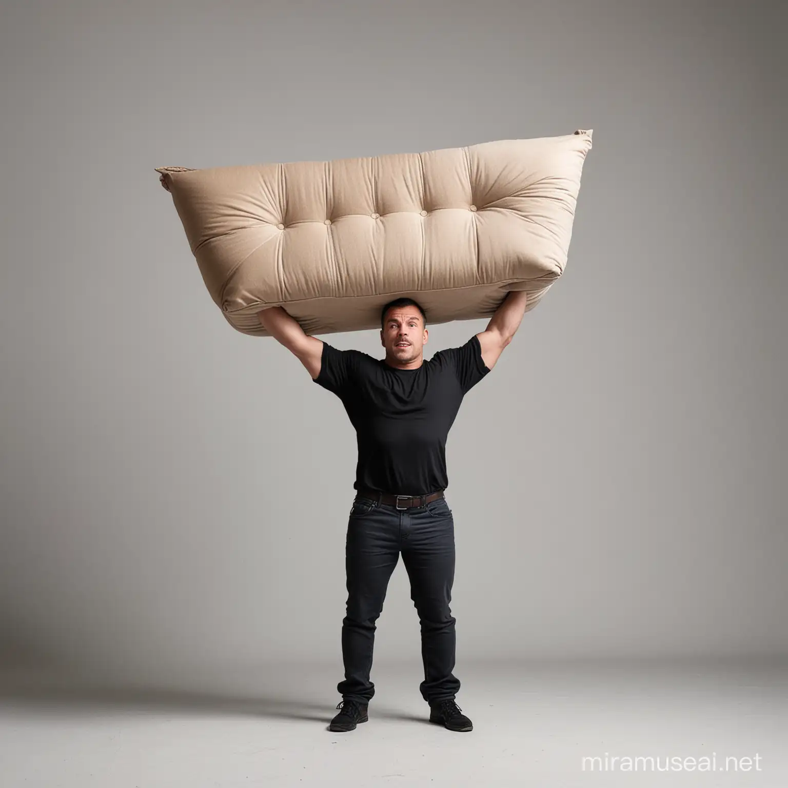 strong man carrying a sofa on his shoulder