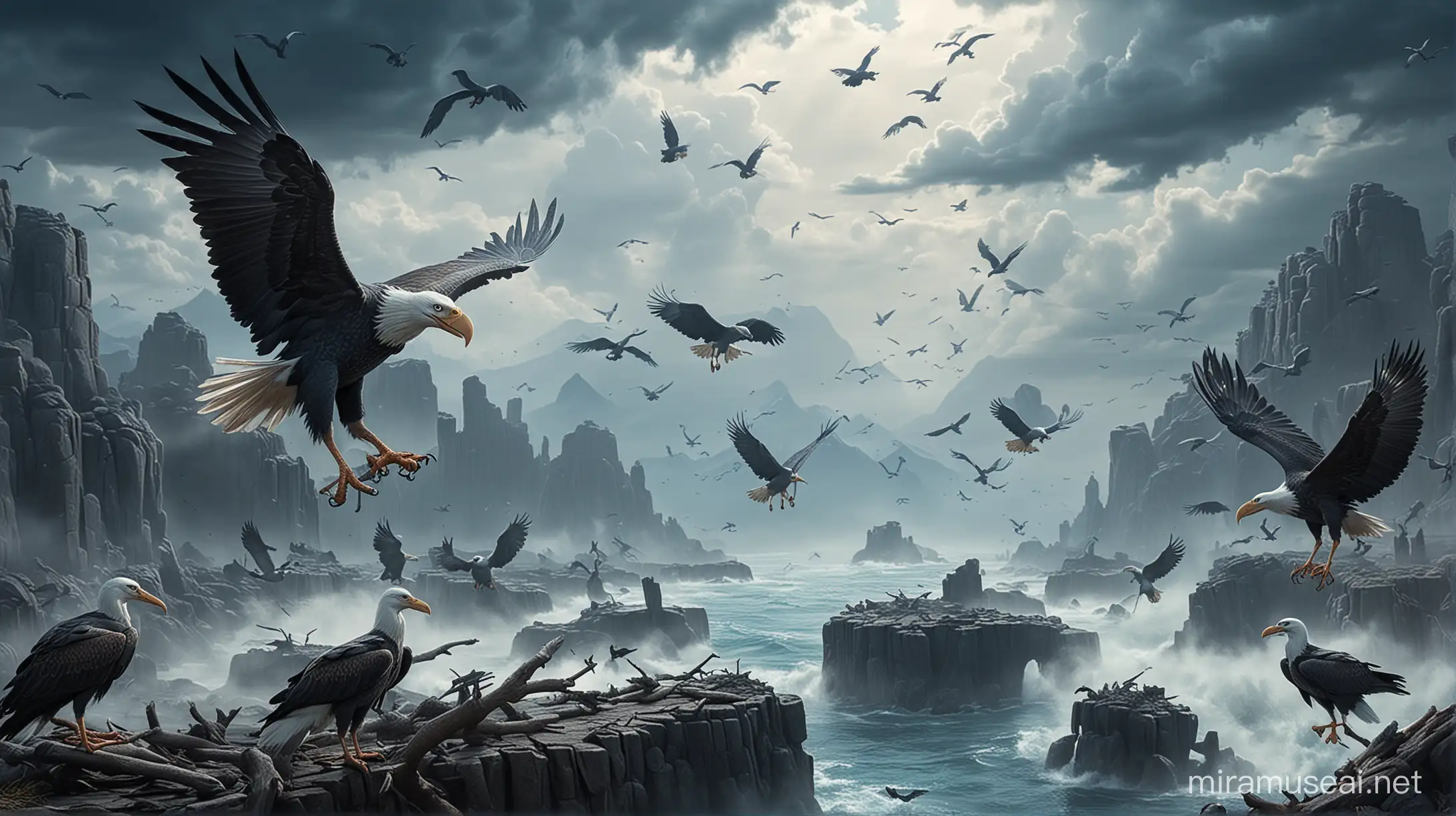 Create a battle scene background with storks and eagles, with blue as the dominant color tone.
