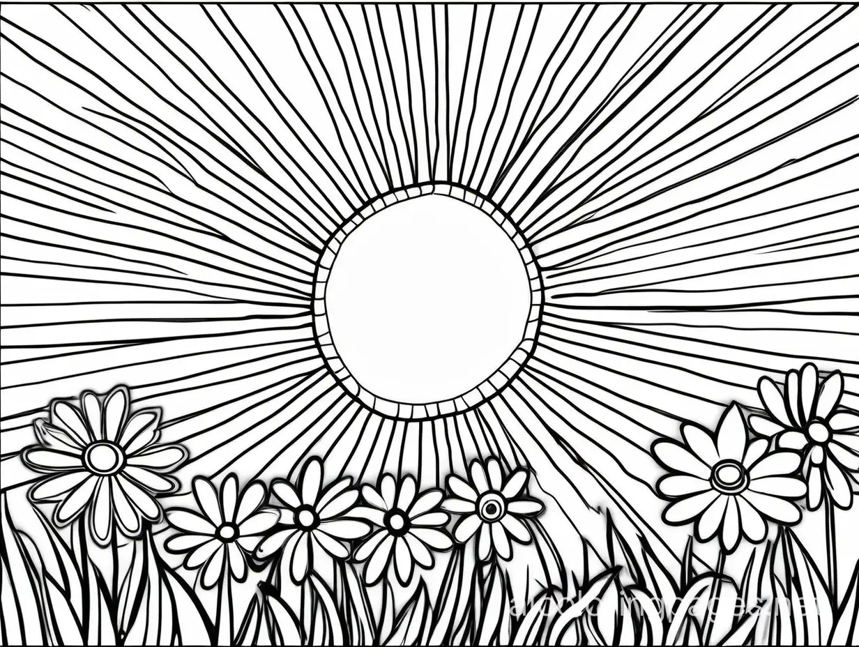 big summer field cloud sky and big flower coloring page black and white , Coloring Page, black and white, line art, white background, Simplicity, Ample White Space. The background of the coloring page is plain white to make it easy for young children to color within the lines. The outlines of all the subjects are easy to distinguish, making it simple for kids to color without too much difficulty